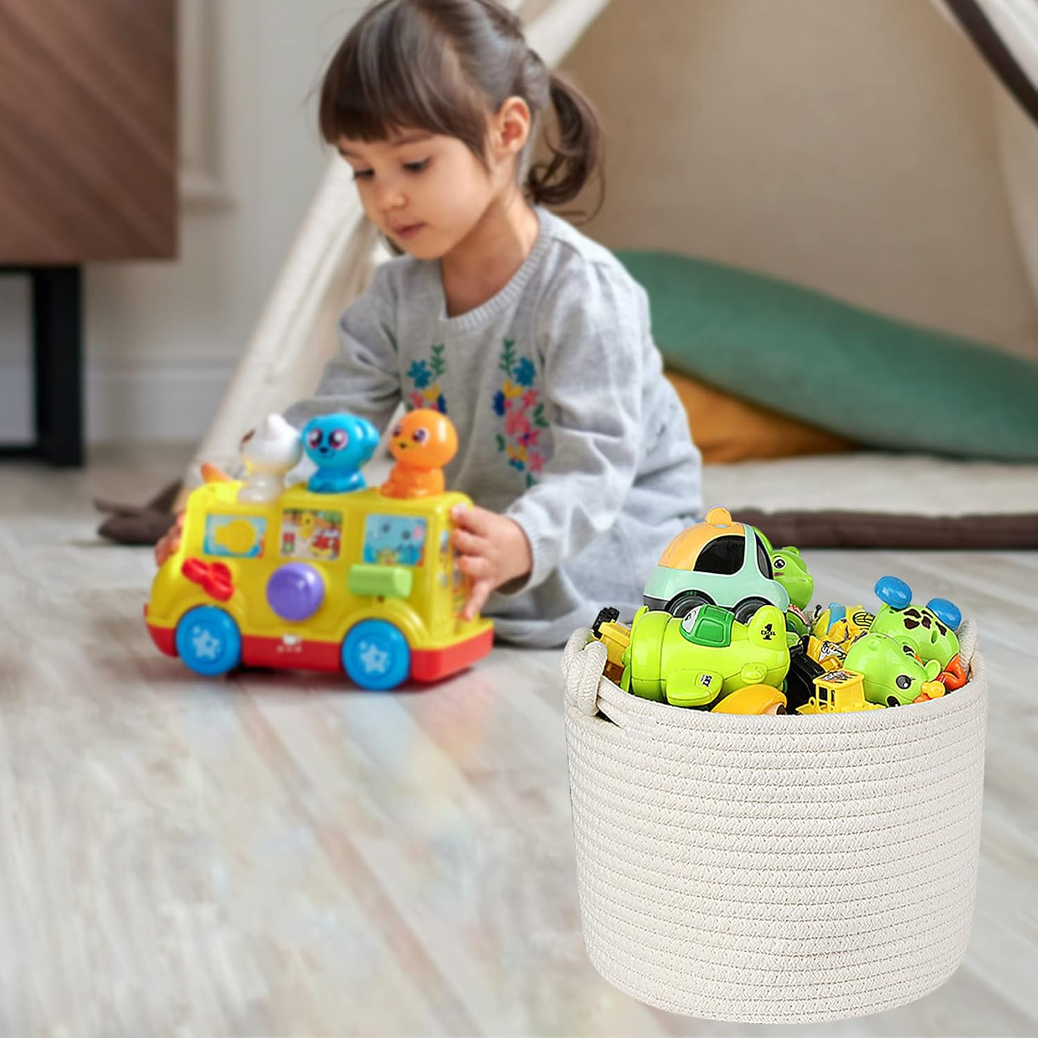 Abenkle Small Woven Basket, Cotton Rope Shelf Storage Basket, Small round Easter Basket, Cute Baby Basket, Decorative round Bin for Nursery Bedroom Bathroom, 9.4" X 9.4"X 7.1" Empty Gift Basket - Brown-A image number 7