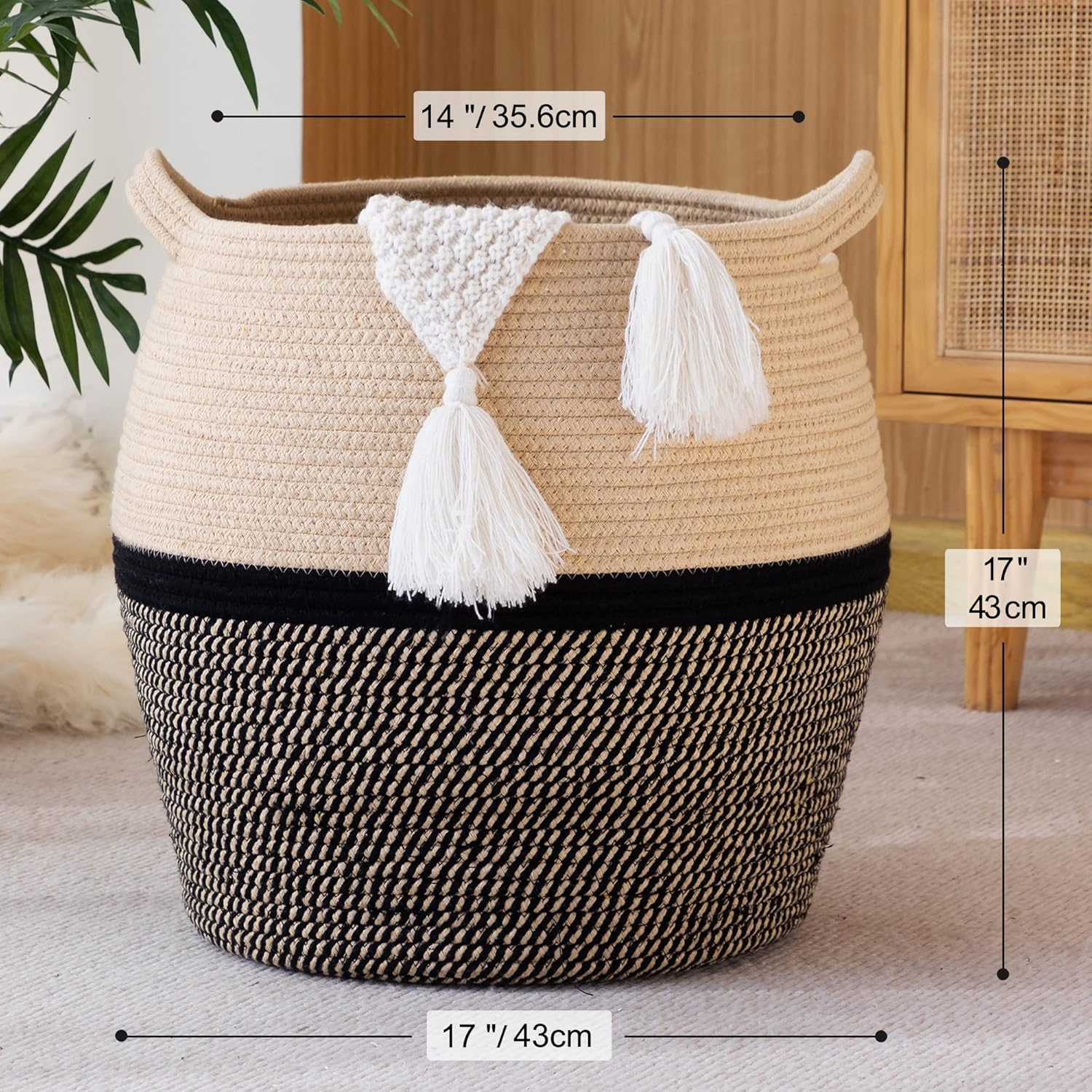 KAKAMAY Woven Baskets for Storage(17"X17"),Large Cotton Rope Basket Baby Laundry Hamper,Collapsible Basket, Blanket Organizing Living Room,Nursery,Clothes,Toy Chest (Black) - Black image number 6