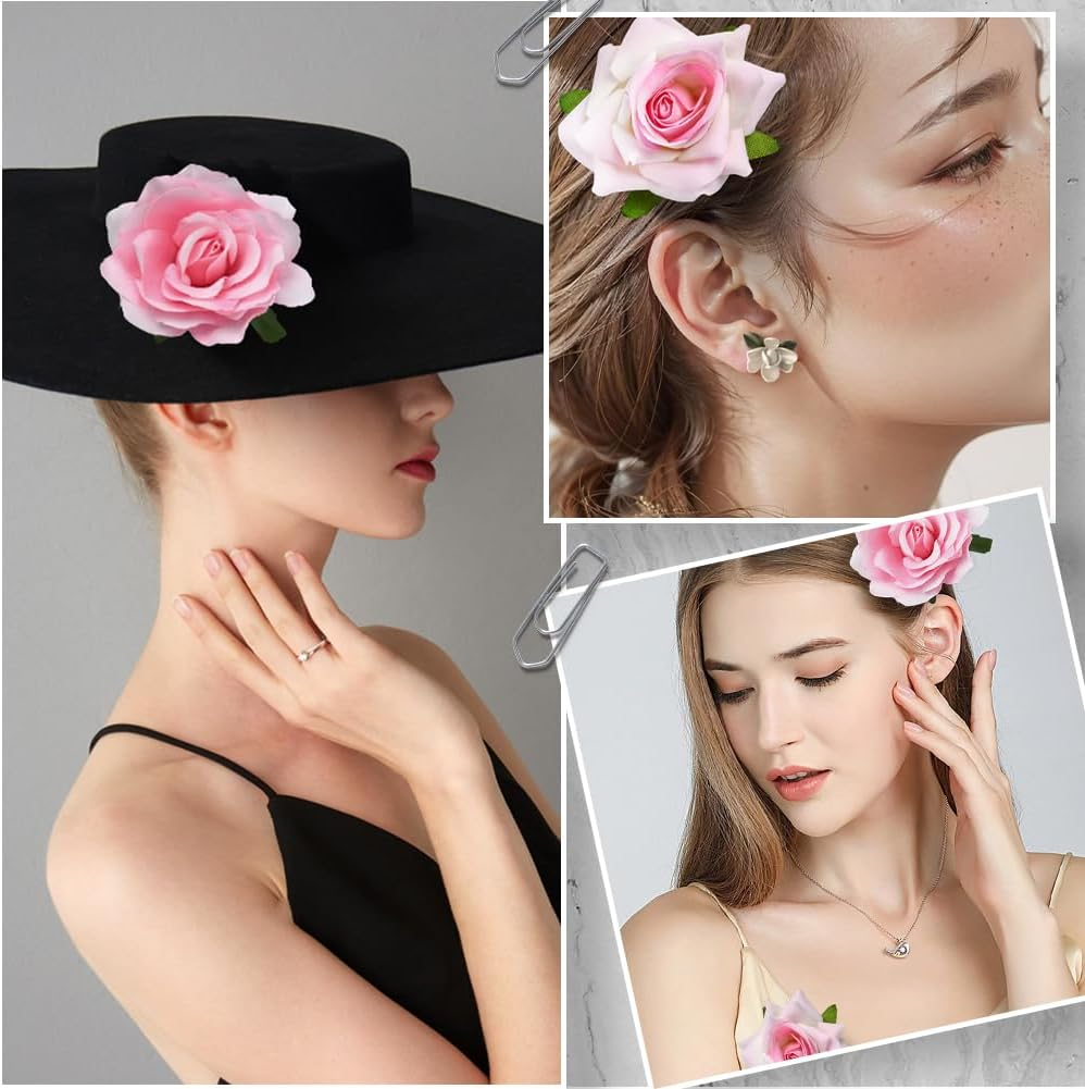 SOFPLATE Pack of 4 2 Styles Pink Rose Hair Clips Large Flower Brooch Large Fabric Pins Elegant Flowers Metal Decorative Hair Clips Accessories for Hairstyle Wedding Festival Party DIY Decoration