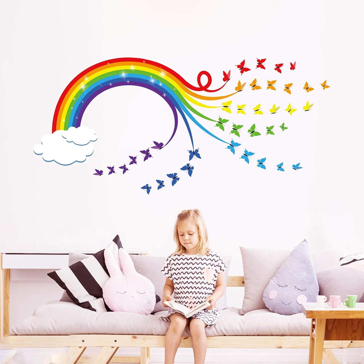 Decalmile Rainbow Wall Decals Colourful Butterflies Cloud Wall Stickers Baby Nursery Kids Bedroom Living Room Wall Decor image number 4