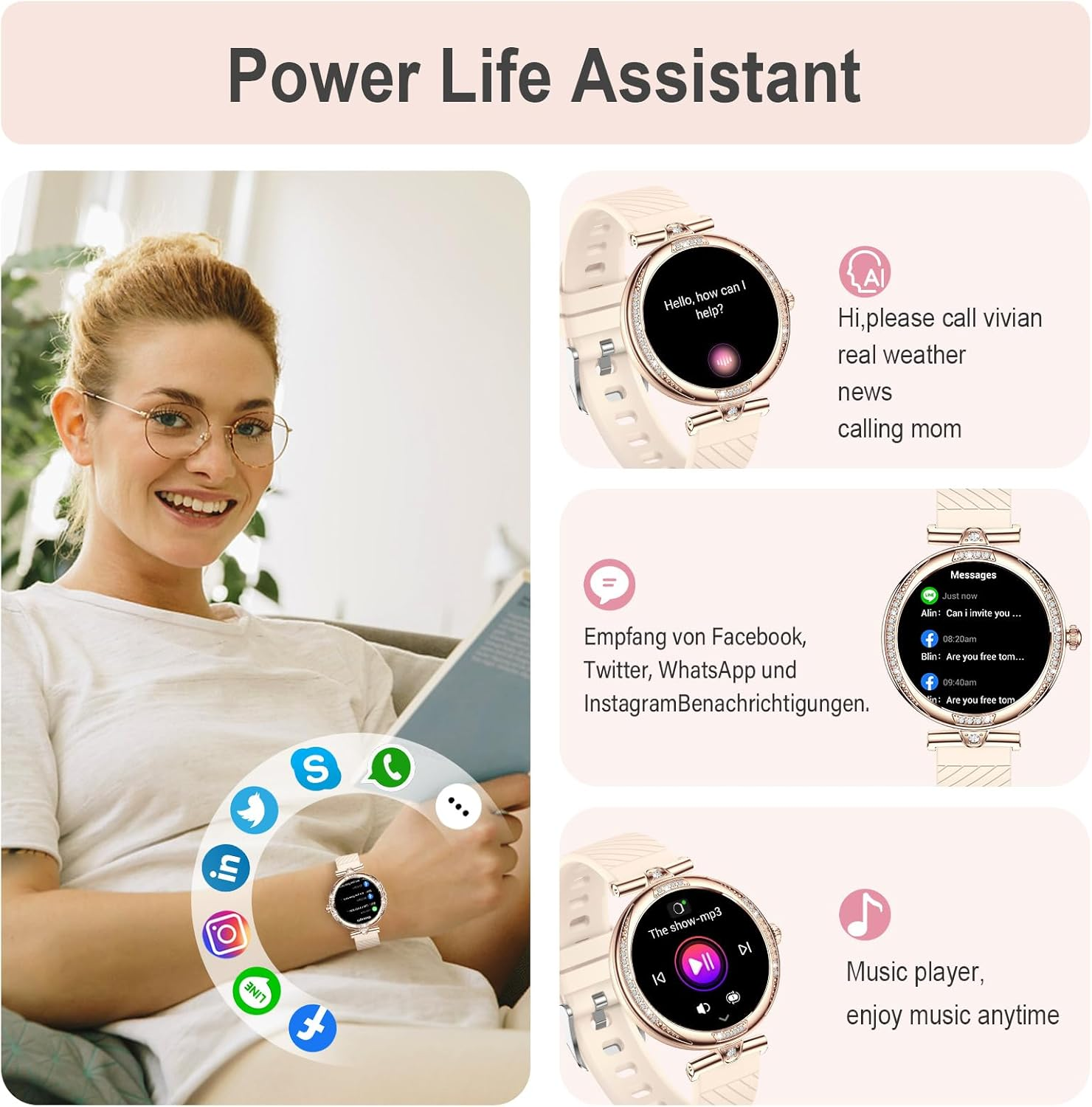 Smart Watch for Women Dial/Answer Call/2 Bands, 1.19" AMOLED HD Display, 100+ Sports Mode Fitness Tracker with Heart Rate/Sleep Monitor, IP68 Smartwatch Womens, Ios Android Ladies Smart Watches image number 4