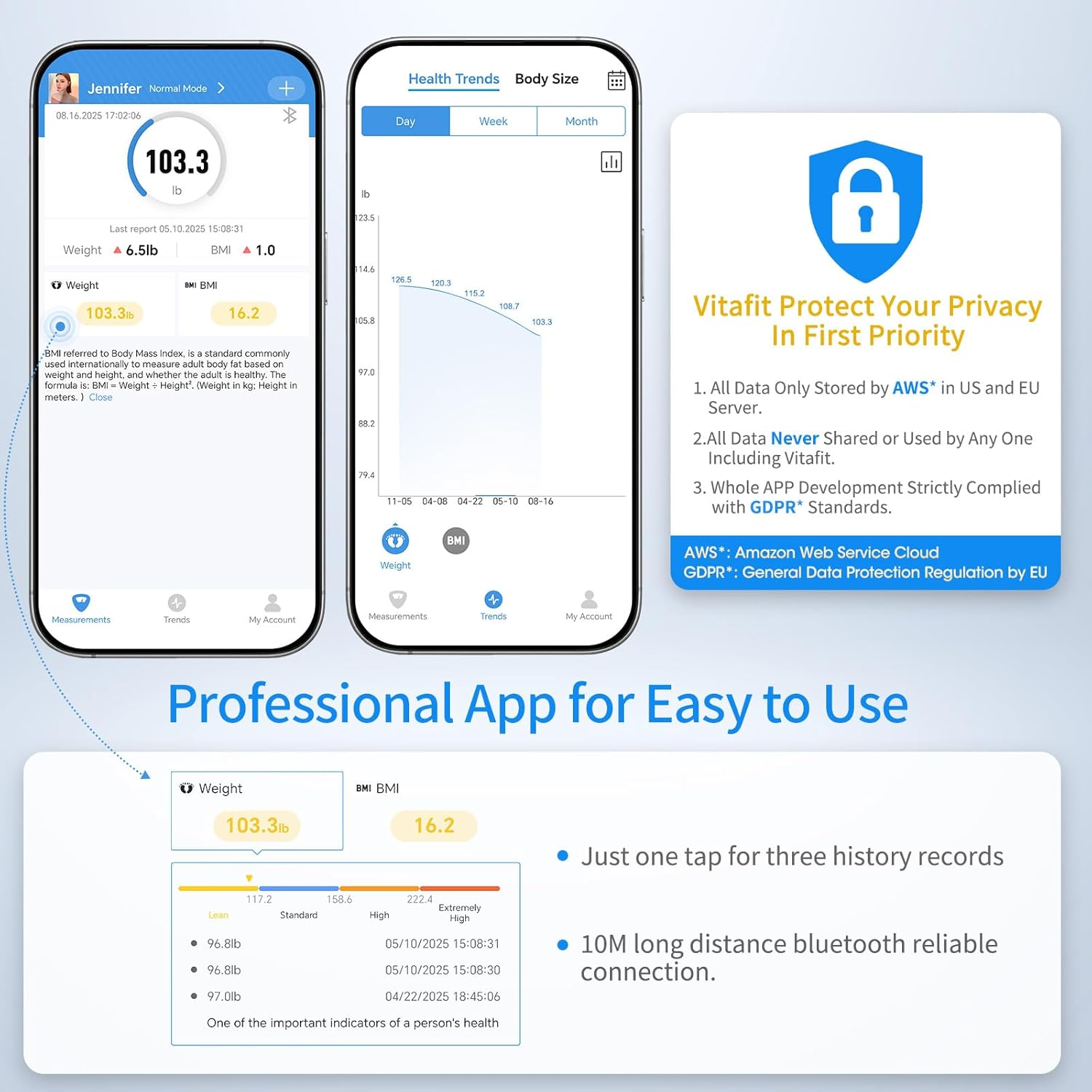 Vitafit Amazing 300Kg Smart Bathroom Scales in 0.05Kg, High Accuracy Assured by Digital Scale Professional Factory since 2001, Large Platform with 8Mm Non-Slip Tempered Glass, LED, Black image number 6