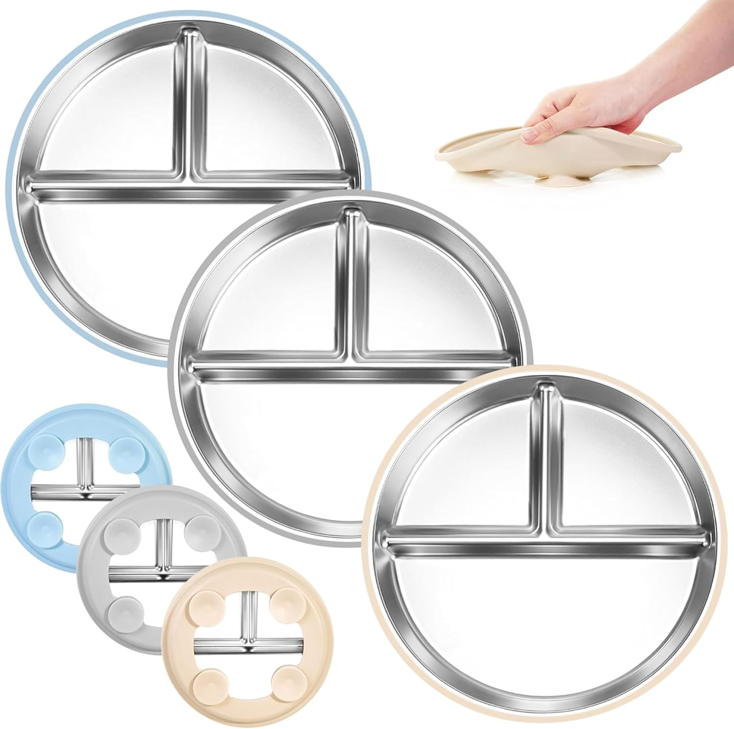 Stainless Steel Baby Plate with Suction, 9&rdquo; Divided Toddler Plates with Removable Silicone Sleeves for Kids, Non-Toxic Non-Slip Unbreakable Dishwasher Safe Dinnerware(Blue & Gray & Beige-9In)