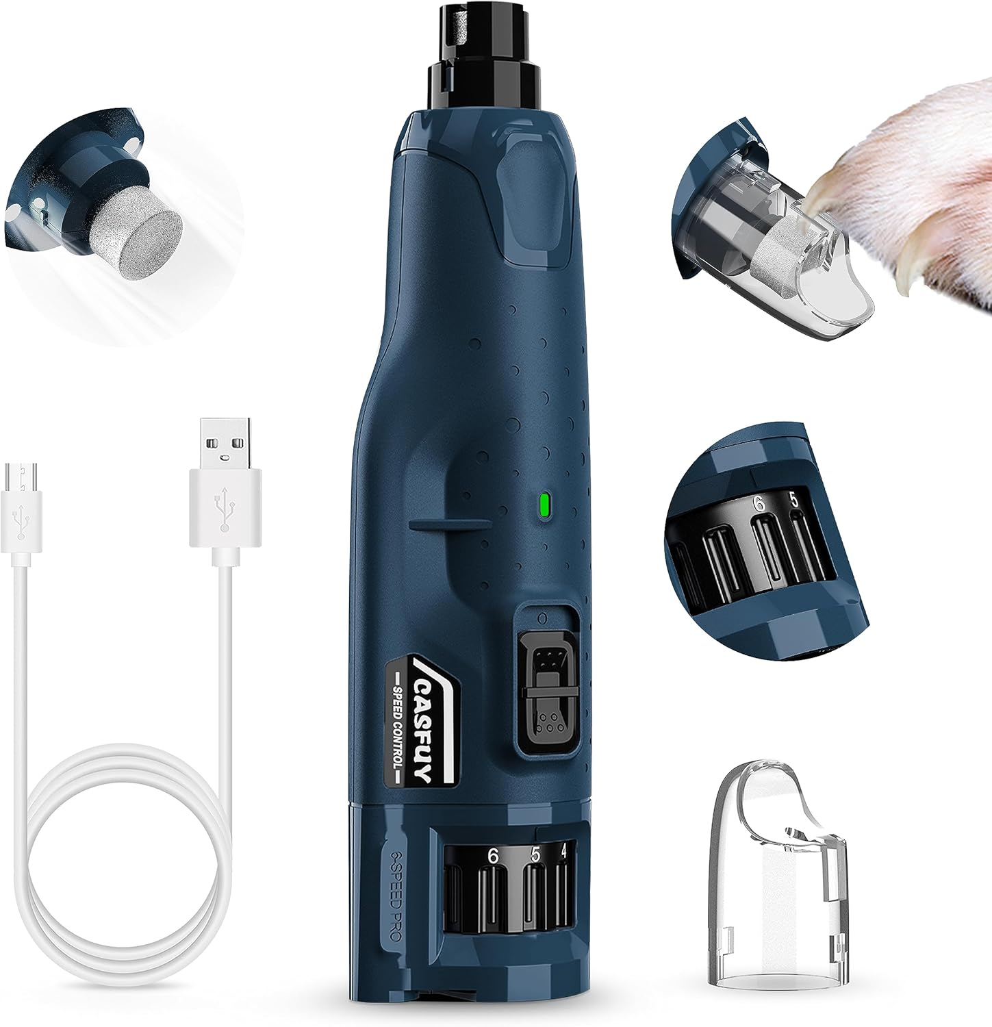 Casfuy Dog Claw Grinder - (45Db) 6 Speed Pet Claw Grinder with 2 LED Lights for Large, Medium and Small Dogs and Cats, Electric Dog Claw Cutter with Dust Cap