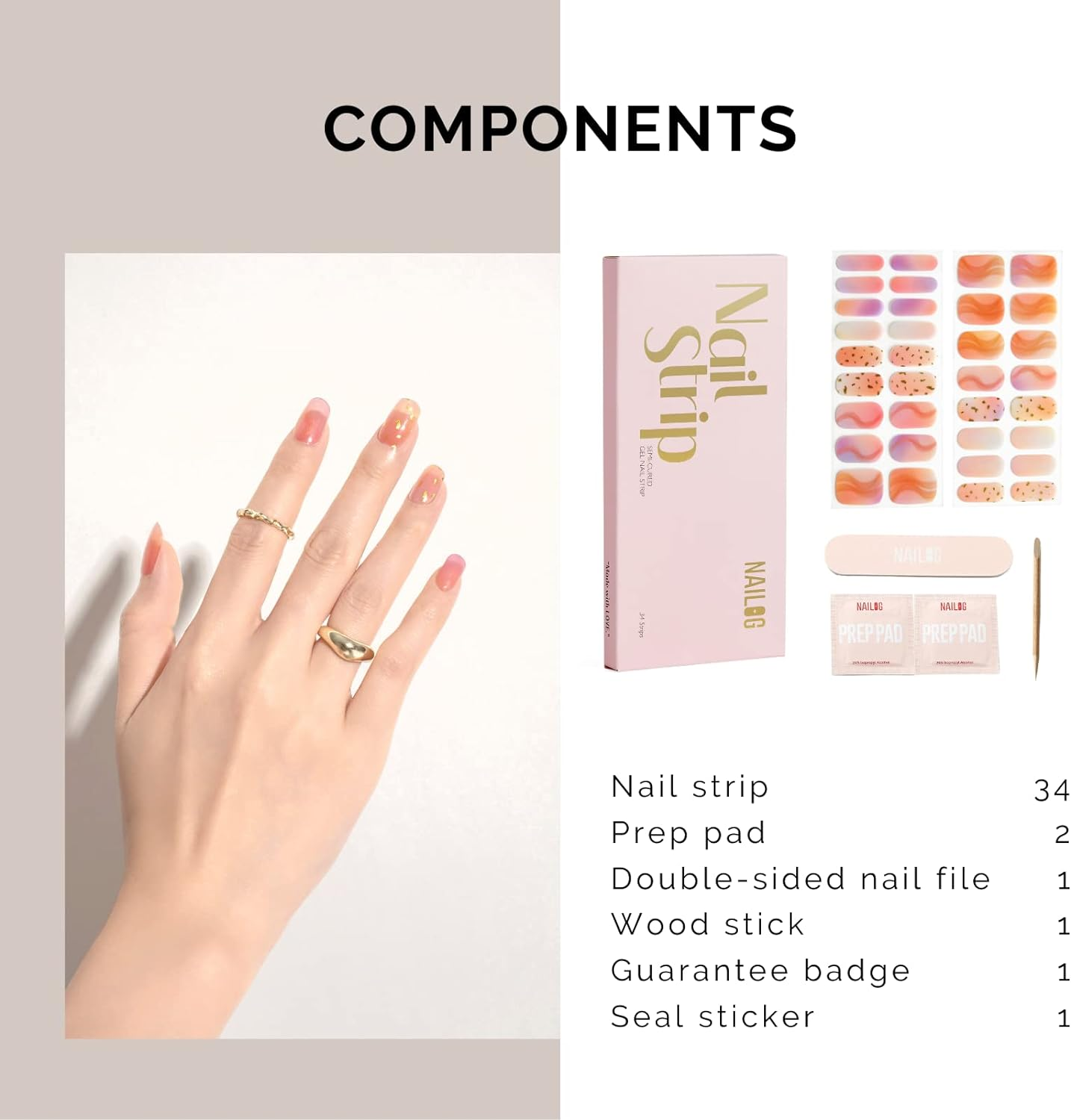 NAILOG Semi Cured Gel Nail Strips, 34Pcs Salon-Quality Gel Nail Stickers, Long Lasting Nail Wraps for Women, Twilight - Drifted image number 5