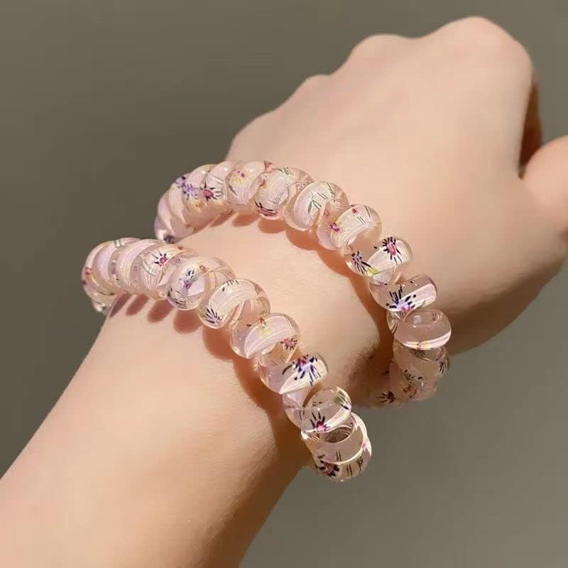 5Pcs Spiral Hair Ties for Women Phone Cord Tellie Telly Coil Plastic Tele Coiled Telephone Cord Stretchy Hair Ties for Thick Hair Big Coils (Floral Style) image number 5