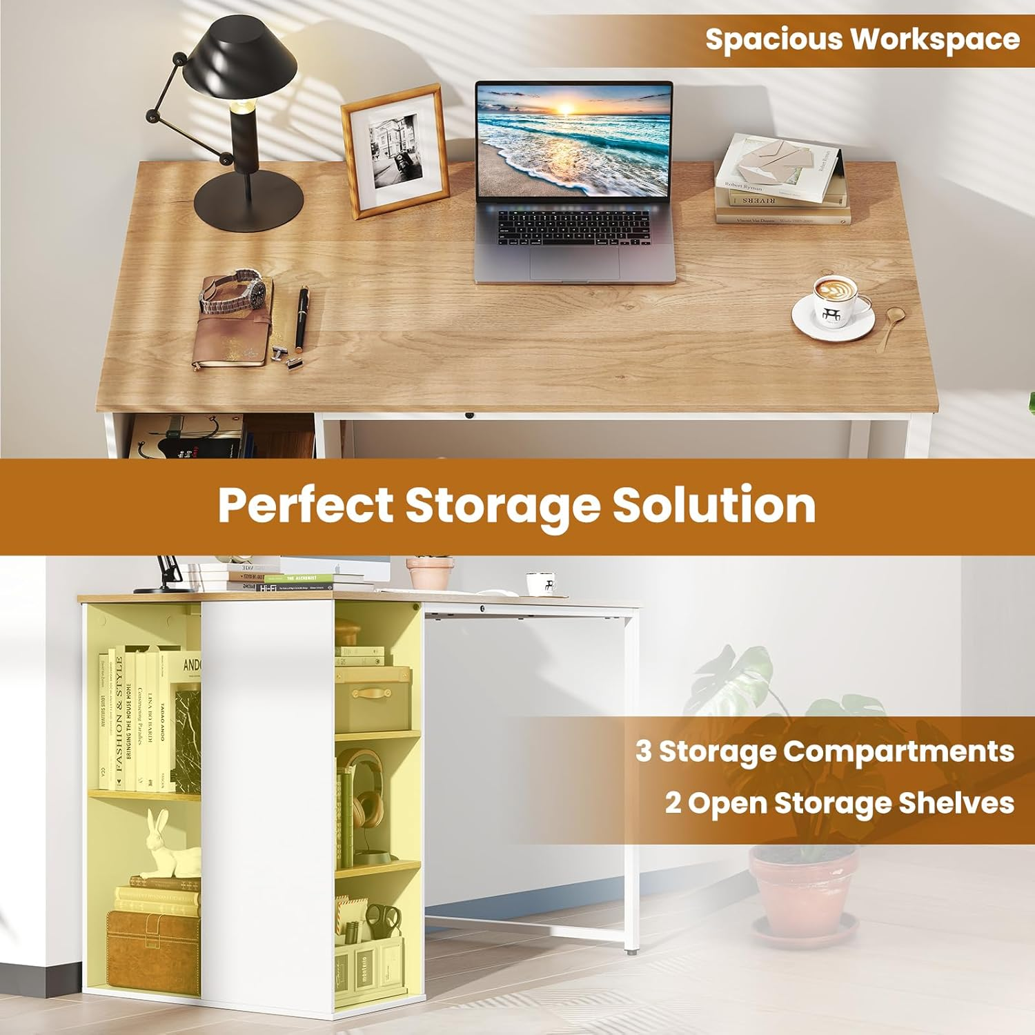 Giantex 115Cm Computer Desk, Modern Home Office Desk with 5 Storage Compartments, Multipurpose Writing Desk PC Workstation, Laptop Desk with Heavy-Duty Metal Frame for Study Room, Bedroom image number 3