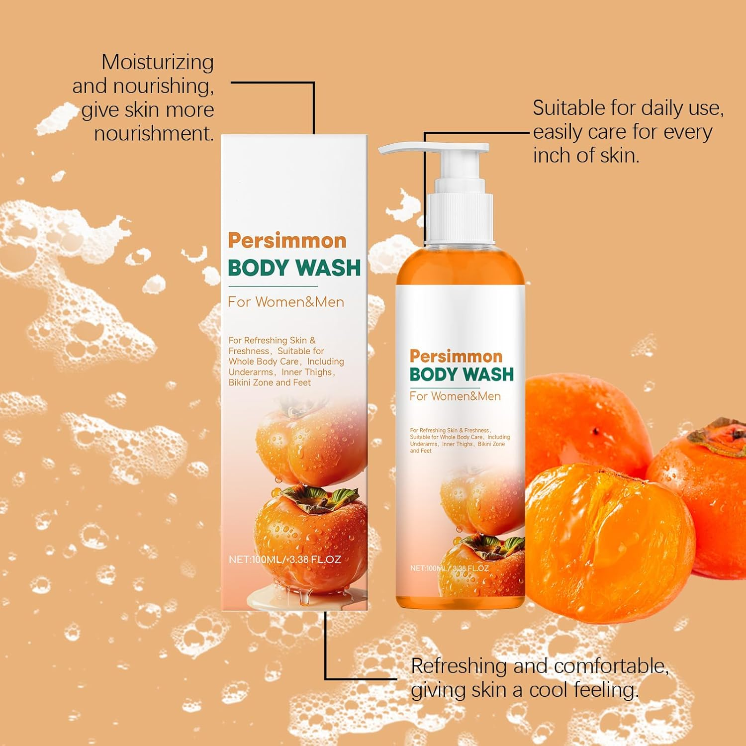 Persimmon Body Wash for Body Odor Control, Nonenal Eliminator for Old People Smell, Strong Odor Remover & Deodorizing Shower Gel, Purifying Cleansing Wash for Women & Men,Long Lasting Freshness (4Pcs) - 3Pcs image number 5