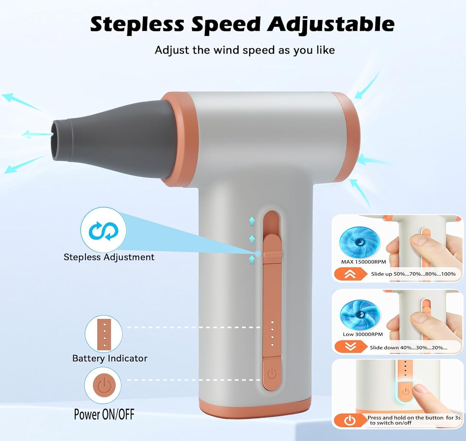 Electric Air Duster,150000Rpm Air Blower for Pc,Stepless Adjustable Compressed Air Duster,Rechargeable Cordless Mini Turbo Jet Blower for Computer, Keyboard,Car,Outdoor and Home Cleaning Kit image number 4