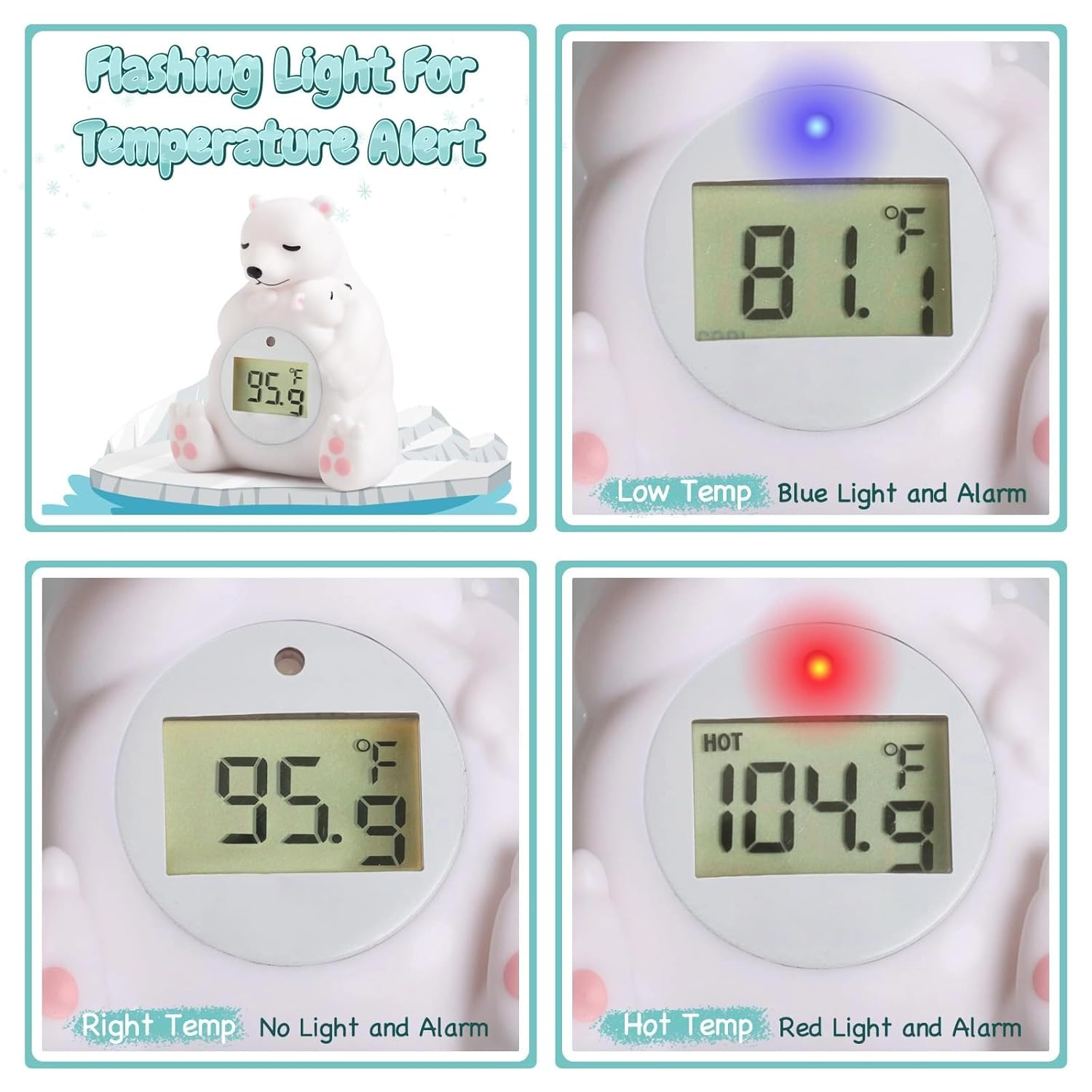 Baby Bath Thermometer - Floating, Auto Sleep Mode, Adjustable Alerts, Safety Certified - Cute Polar Bear image number 6