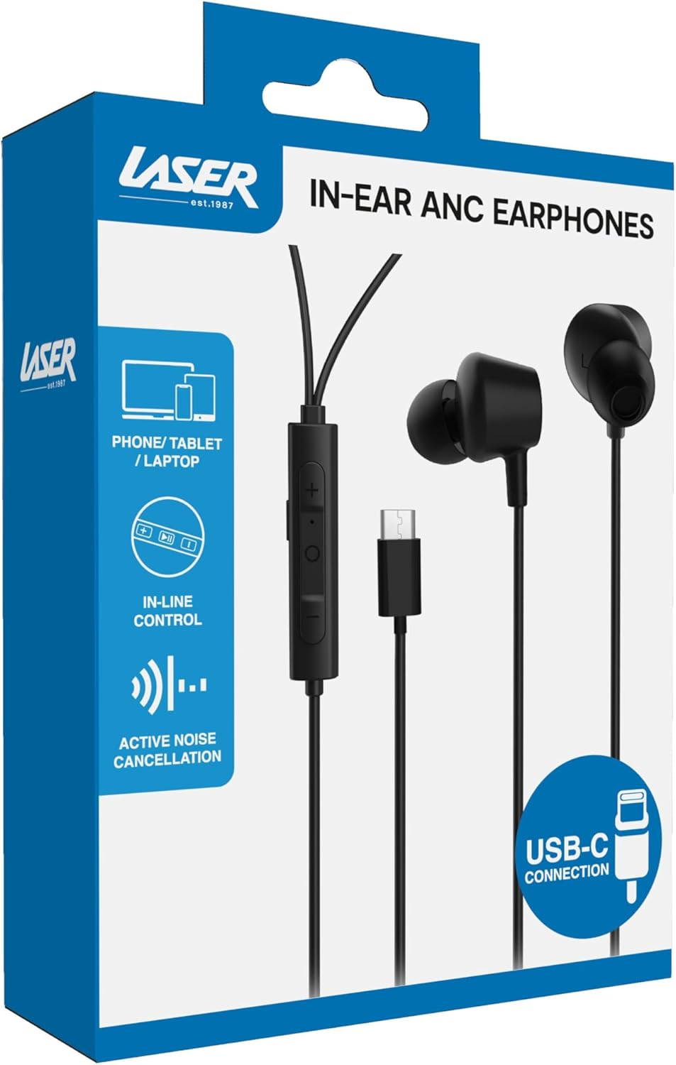Laser USB C In-Ear ANC Earphone Win In-Line Control Black, USB-C, Earbuds, Smartphone, Iphone 15, PC, Tablet, Voice Assistant, EPS-WANCBK-009