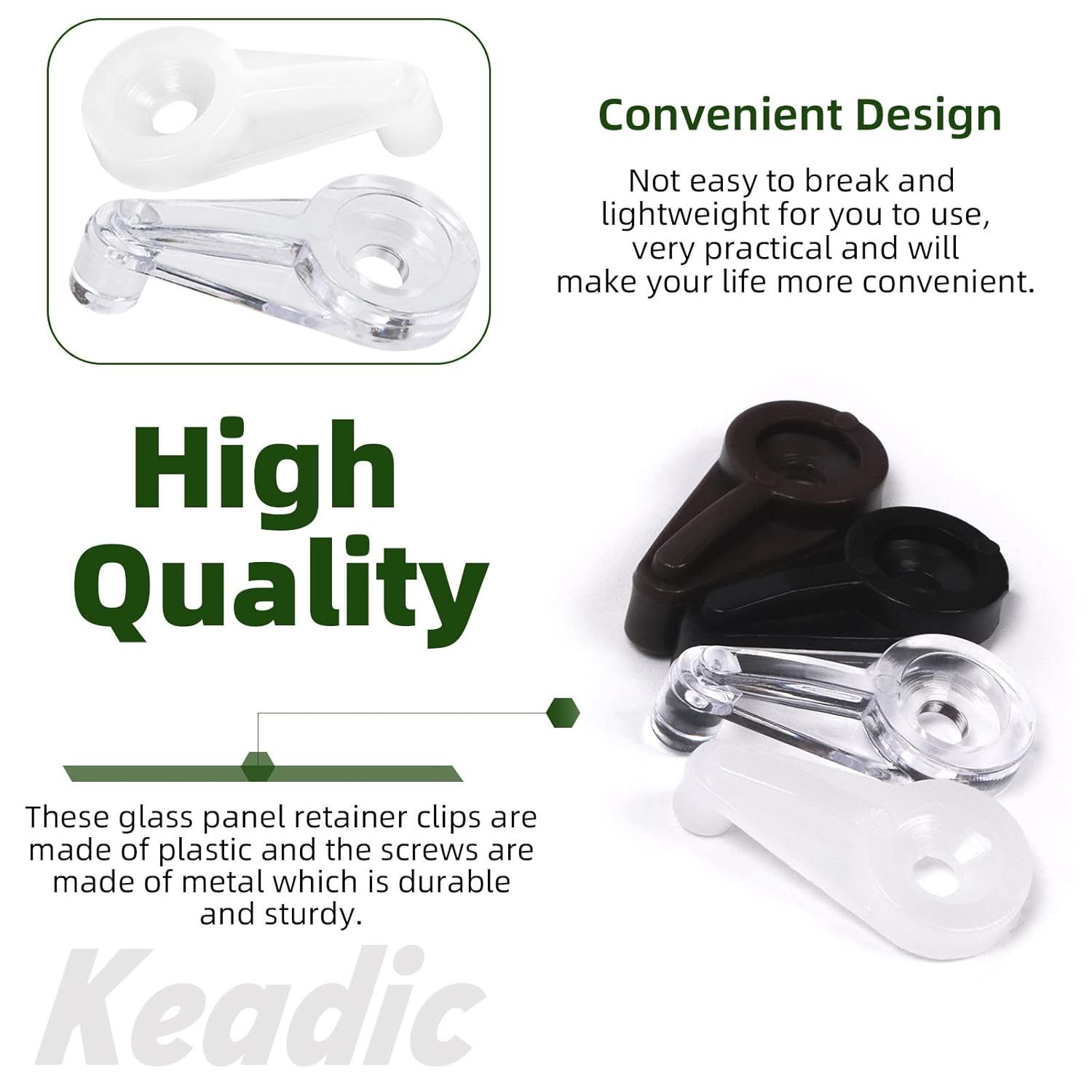 Keadic 240Pcs Plastic Cabinet Door Glass Retainer Clips Assortment Set with Screws, 5Mm Offsets Transparent/White/Black/Brown Glass Window Screen Door Clip Holders for for Fixing Mirror Cabinet Door image number 6