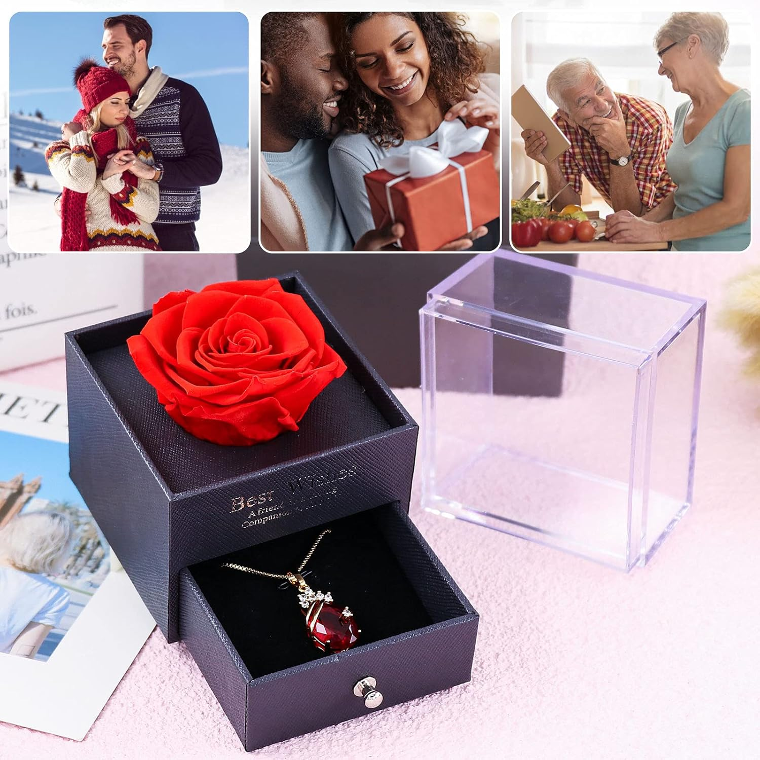 Gifts for Women, Eternal Rose Box with Necklace, Real Flower Jewelry Box for Valentines Presents, Christmas, Birthday Mother'S Day, Anniversary, Birthday - Her/Mum/Wife/Girlfriend/Grandma/Mom-Ideas - Blue image number 2