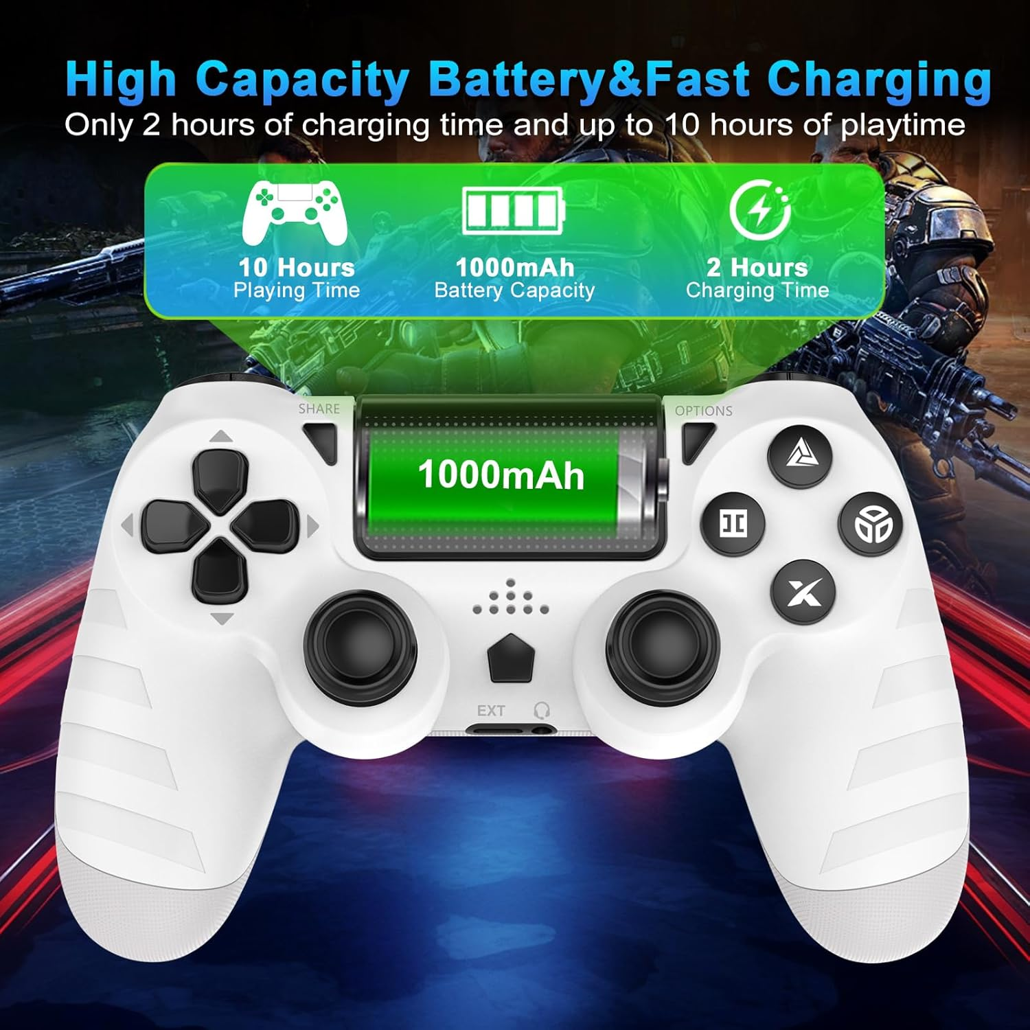 DYONDER Wireless PS4 Controllers for Ps4/Pro/Slim & PC &ndash; 1000Mah Battery, 6-Axis Motion Sensor, Audio Jack (White) image number 5