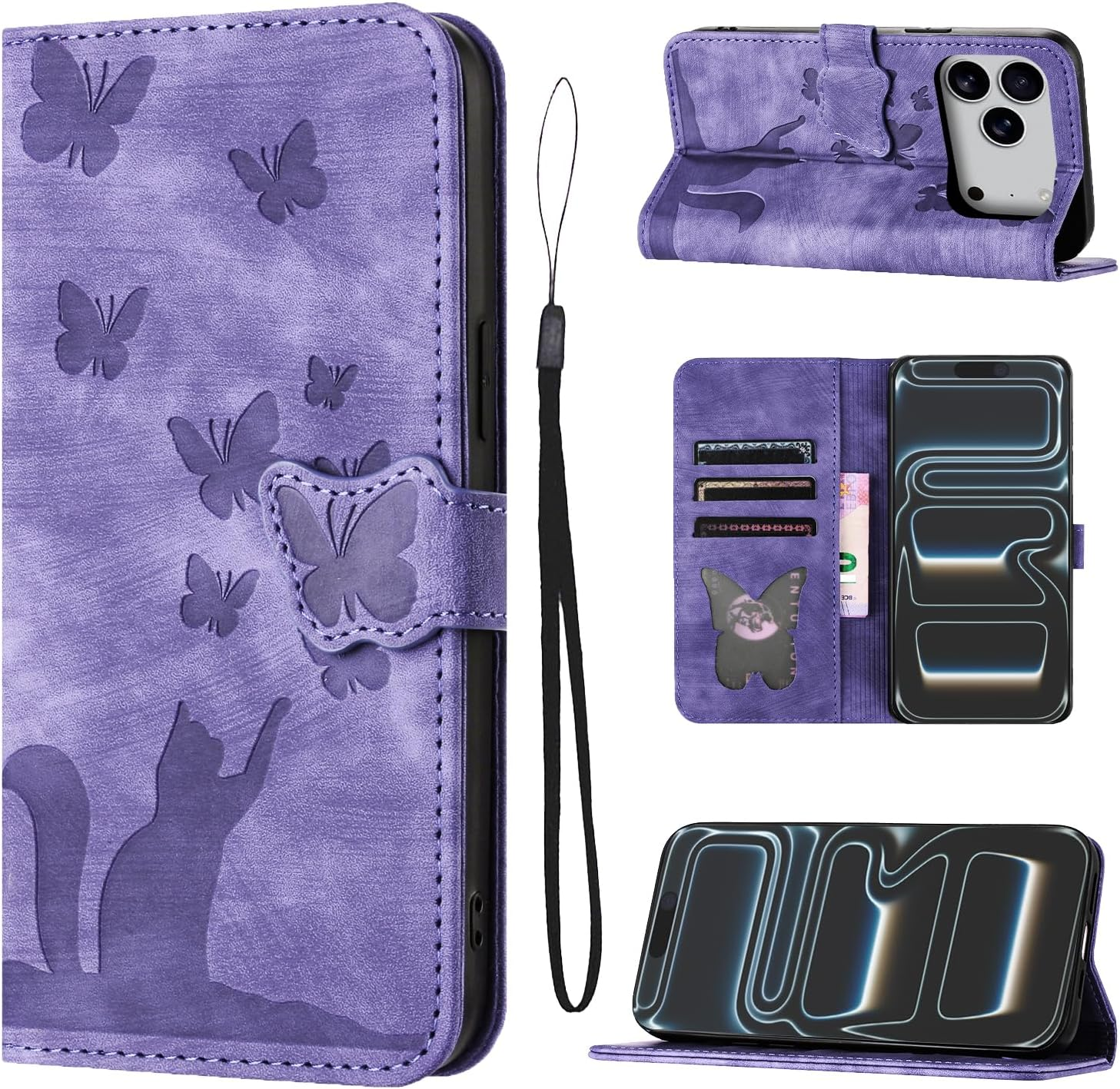 LSPCASA Mobile Phone Case for Iphone 17 Pro Max 6.9 Inch Premium PU Leather for Iphone 17 Pro Max Case with Card Slots Stand Function Protective Case Foldable Flip Wallet Phone Case Butterfly Cat image number 2