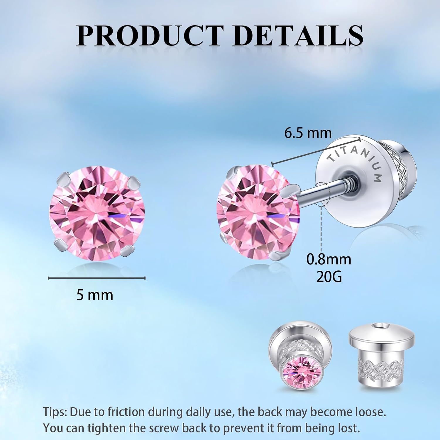 Limerencia Hypoallergenic G23 Implant Grade Titanium Screw Back Earrings Tragus 20G Helix F136 Piercing Post for Sensitive Ears Simulated Diamond Cartilage image number 6