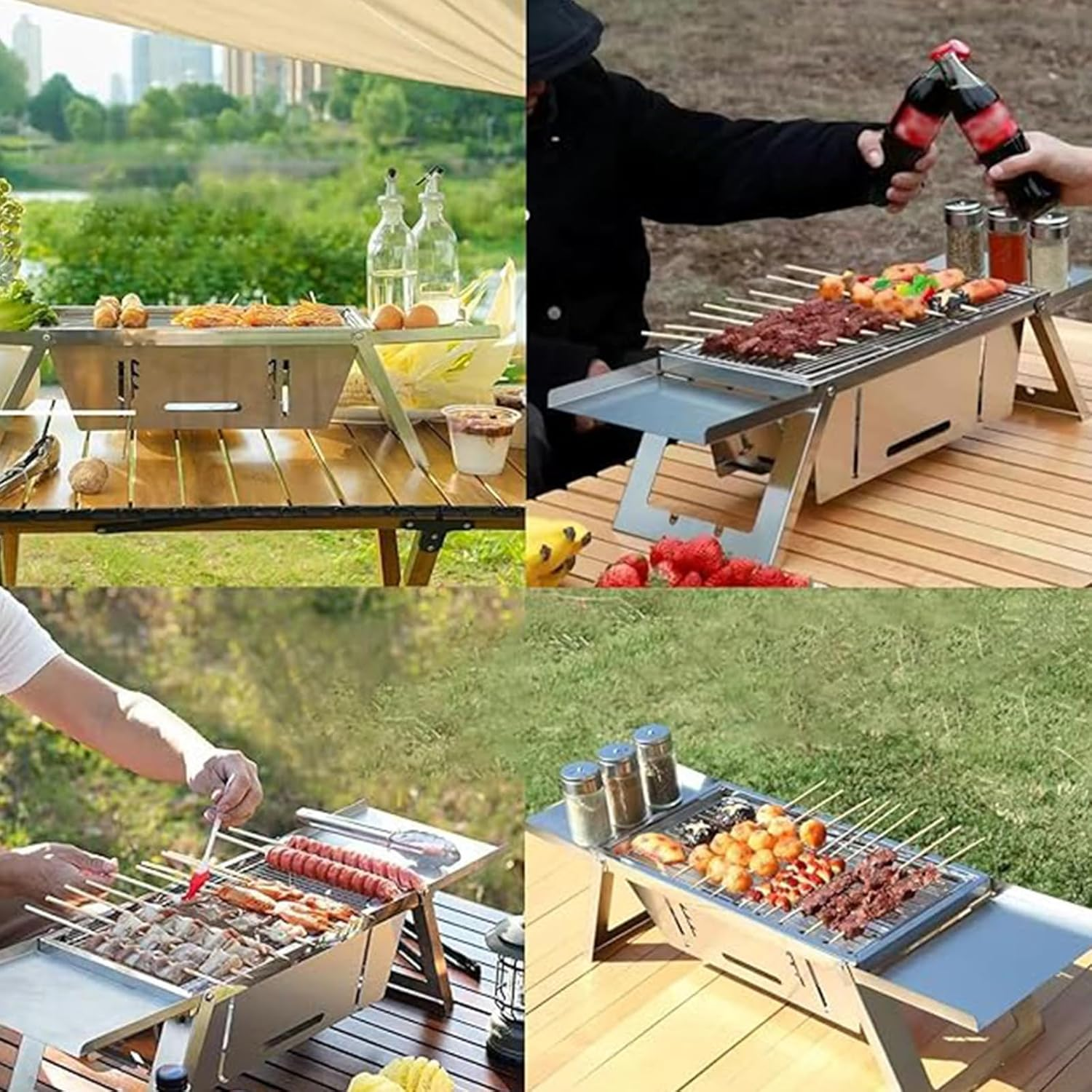 Portable Charcoal Grill with Carry Bag, Stainless Steel Foldable Small Grill for 1-5 People, Tabletop Outdoor BBQ Cooker for Travel，Cooking,Includes Gloves & Carry Bag and Kabob Skewer image number 4