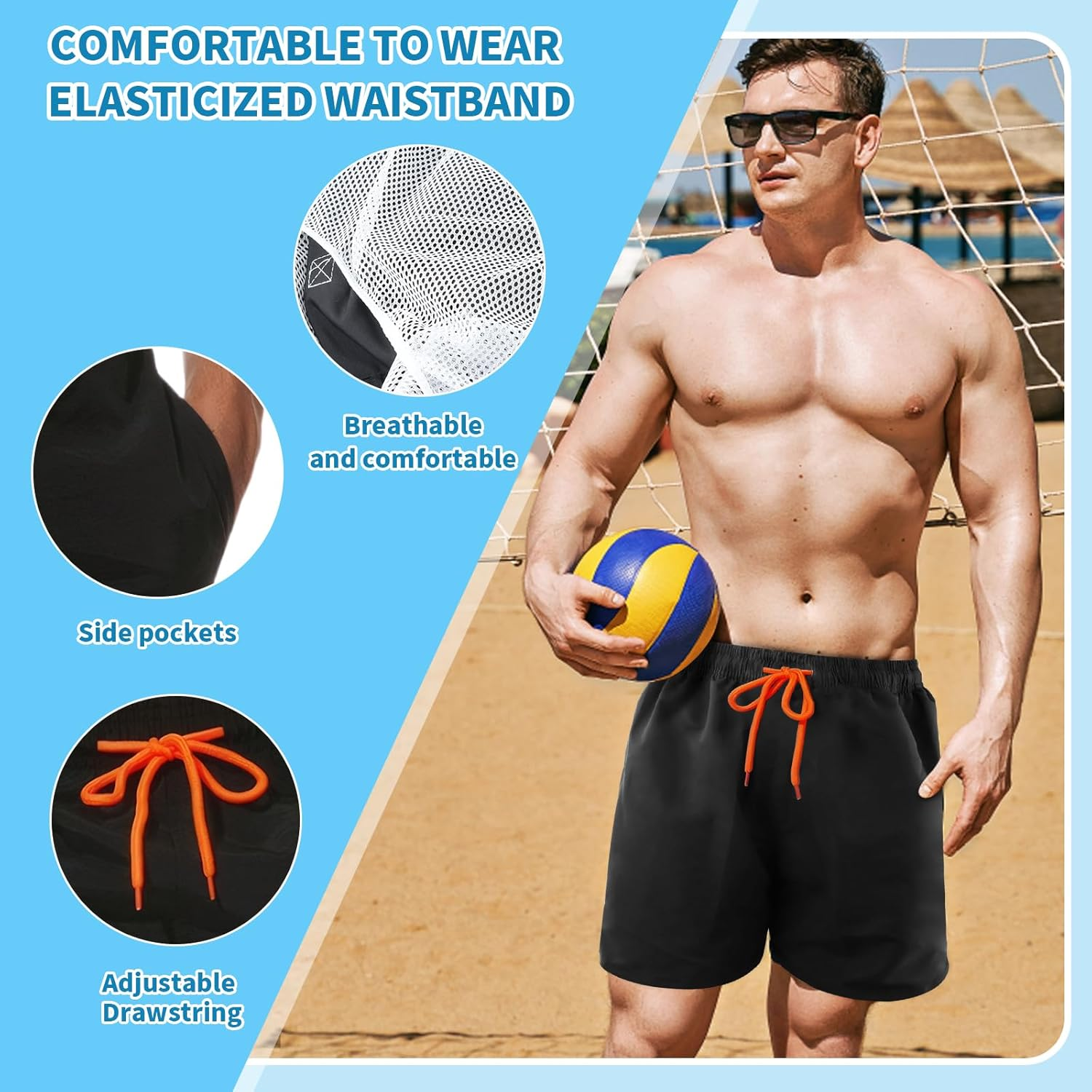 Eclove Men'S Swim Shorts, Men'S Swimming Trunks, Swimwear, Sports Shorts, Short Beach Shorts, Drawstring Training Shorts, Quick-Drying image number 3