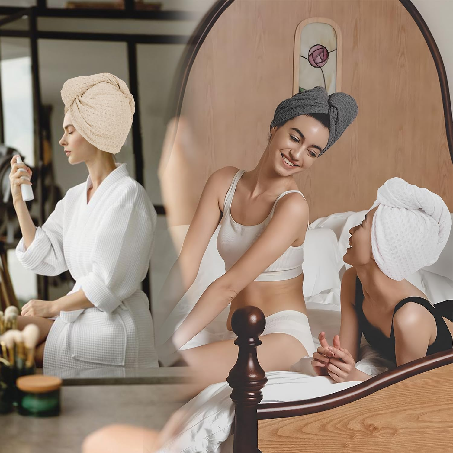 Microfiber Hair Drying Towel with Button 1Pack Khaki Waffle Long Hair Head Wraps Twist Plopping Curly Shower Turban Terry Cloth Fast Absorbent Dry anti Frizz Hair Wraps for Women Wet Hair image number 6