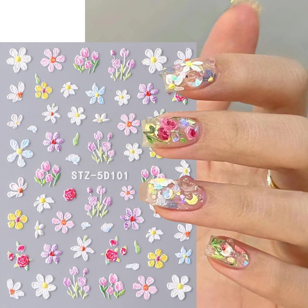 Nail Stickers Self-Adhesive 5D Flowers Nail Art Stickers Pink White Wild Flowers Spring Flowers Nail Sticker 3D Nail Design DIY Manicure Decoration (2 Sheets) image number 3