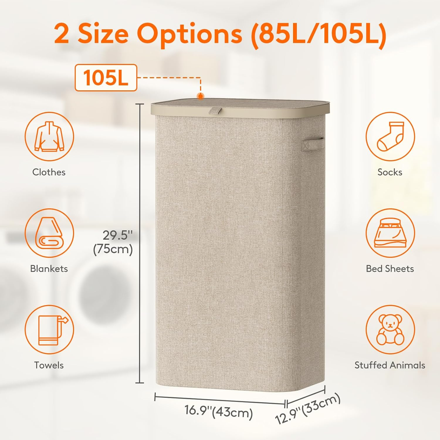 Lifewit 100L Plastic Laundry Hamper with Lid, Foldable Laundry Basket with Removable Bag and Lid, Large Tall Dirty Clothes Hamper for Laundry Room, Bathroom, Bedroom, Dorm, Beige image number 4
