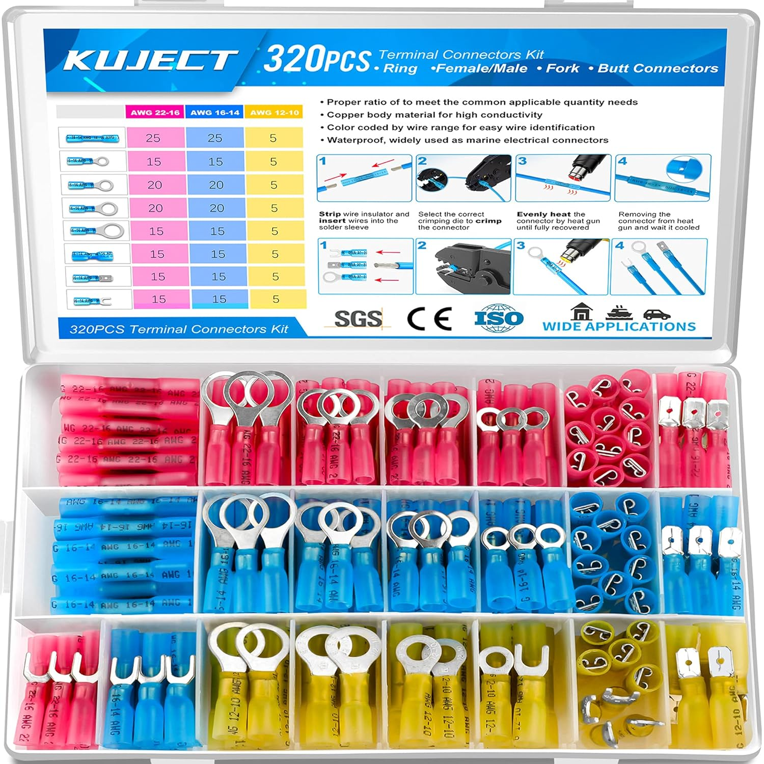 Kuject 320 PCS Heat Shrink Wire Connectors, Multipurpose Waterproof Electrical Wire Terminals Kit, Insulated Crimp Connectors Ring Fork Spade Butt Splices for Automotive Marine Boat Truck image number 4