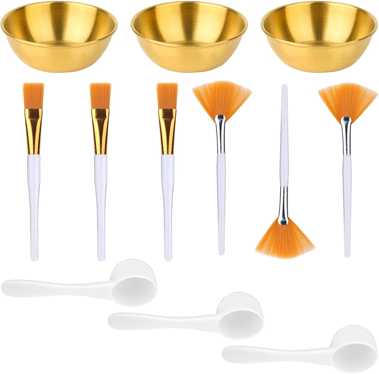 12Pcs Esthetician Supplies for Facials Set, Including 3 Facial Bowls, 3 Fan Brushes, 3 Brushes & 3 Scoop for Women Cosmetic Mask Mixing Set Make up Tool (Gold)