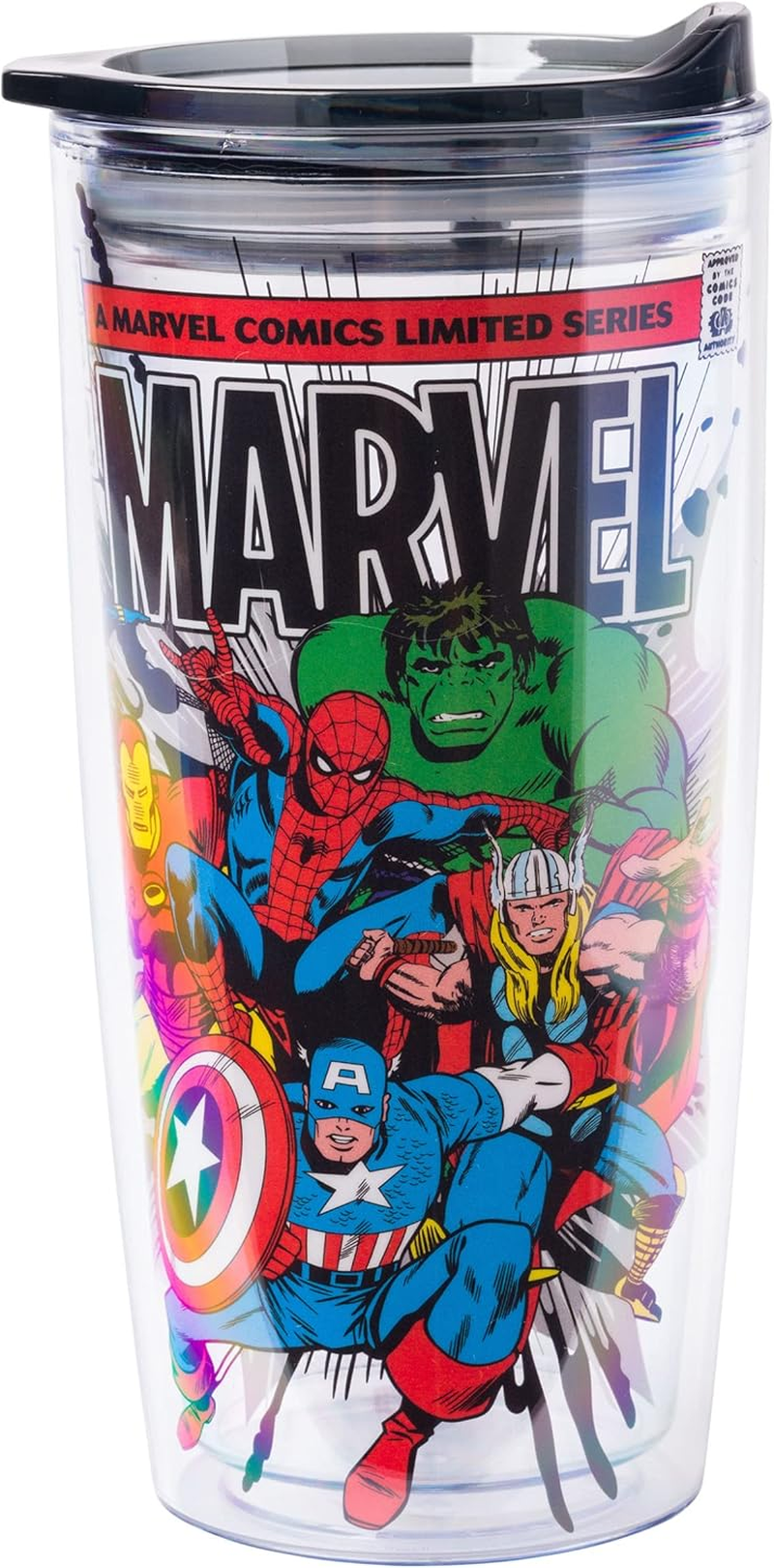 Silver Buffalo Retro Marvel Comics Avengers Double Wall Travel Tumbler with Slide Close Lid Spider-Man, Captain America, Thor, Hulk, and Iron Man, 20 Ounces - Care Bears And Strawberry Shortcake Iridescent image number 5