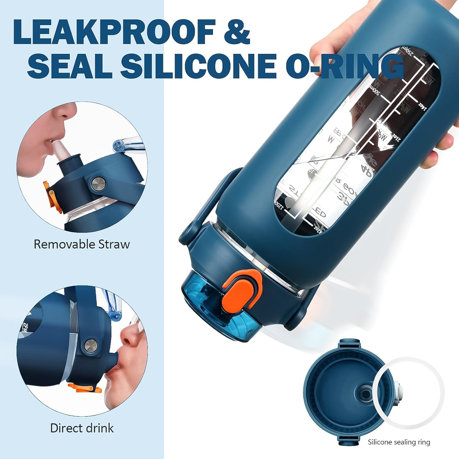 Kytffu 64Oz Glass Water Bottles with Straw, Half Gallon Motivational Glass Bottle with Silicone Sleeve and Time Marker, 2L Leakproof Large Glass Water Jug for Gym Home Office,Blue - 84 Ounces, Black image number 3