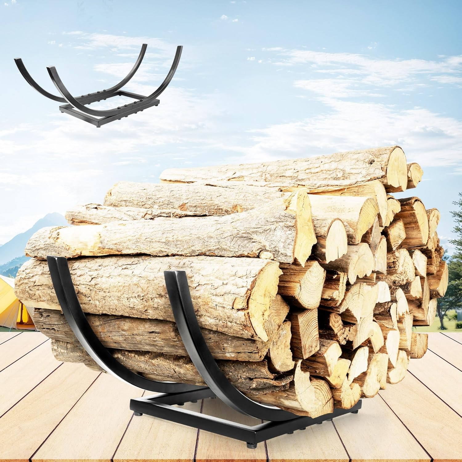 Curved Firewood Rack Holder: Heavy Duty Firewood Holder Indoor Outdoor for Firewood Storage - Fireplace Wood Rack Log Holder Black 22-Inch image number 1