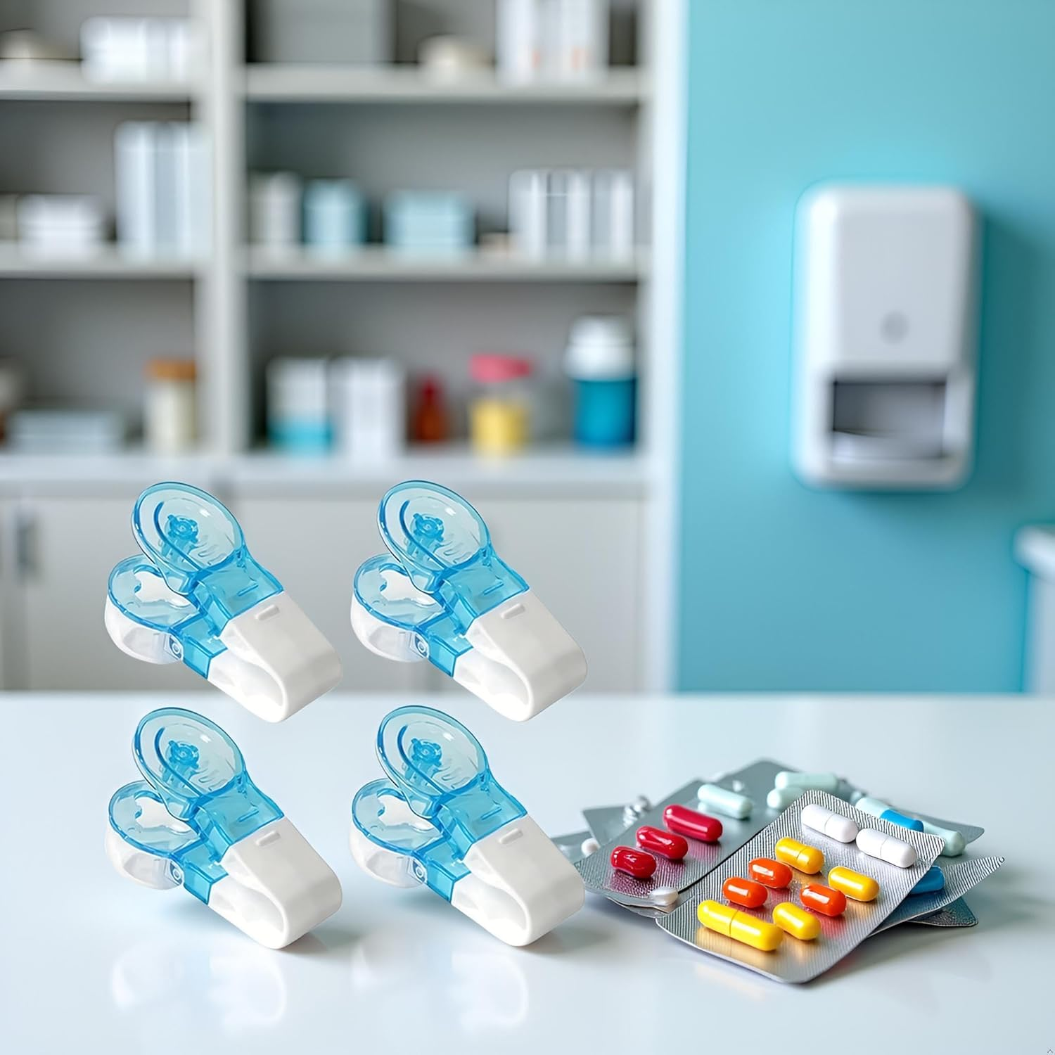 4Pcs Blue Portable Pill Taker Remover, Blister Pack Opener Popper Assistance No Contact Easy to Take Out Portable Travel Tablet Dispenser Pills Extractor Tool Medication Aids, Pill Organizers image number 4