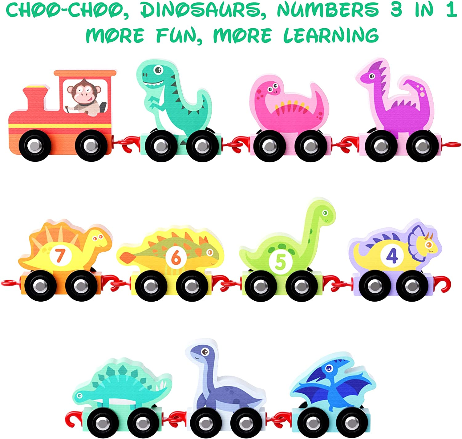 Dinosaur Toys for Toddlers Age 2-4, Wooden Dinosaur Train Set with Playmat/Storage Bag, Montessori Educational Toys for 2+ Years Old Boys & Girls image number 5