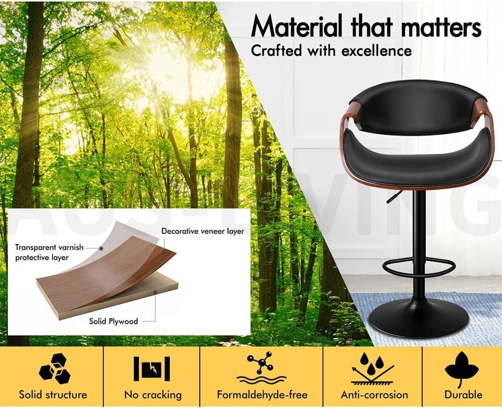 ALFORDSON 2X Bar Stools, Adjustable Kitchen Stool, Trice Swivel Counter Barstool in 61-82Cm Seat Height, Wooden Dining Chair with Anti-Slip Floor Protector for Home Bar Dining Room image number 3