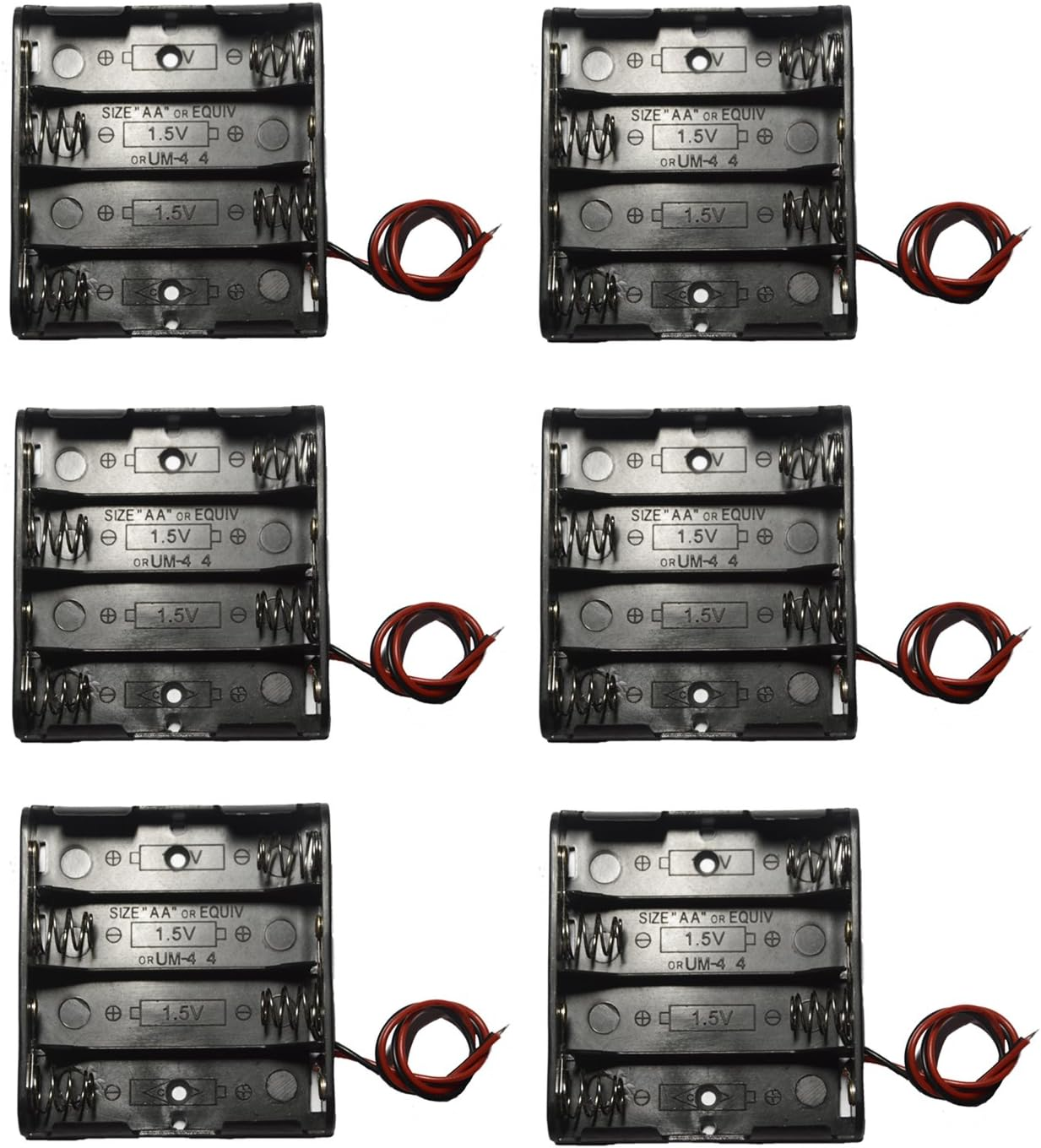 6 Pcs 4 X 1.5V (6V) AA Battery Spring Clip Black Plastic 4 X 1.5V (6V) Battery Case Holder Box Black Red Wire Leads image number 1