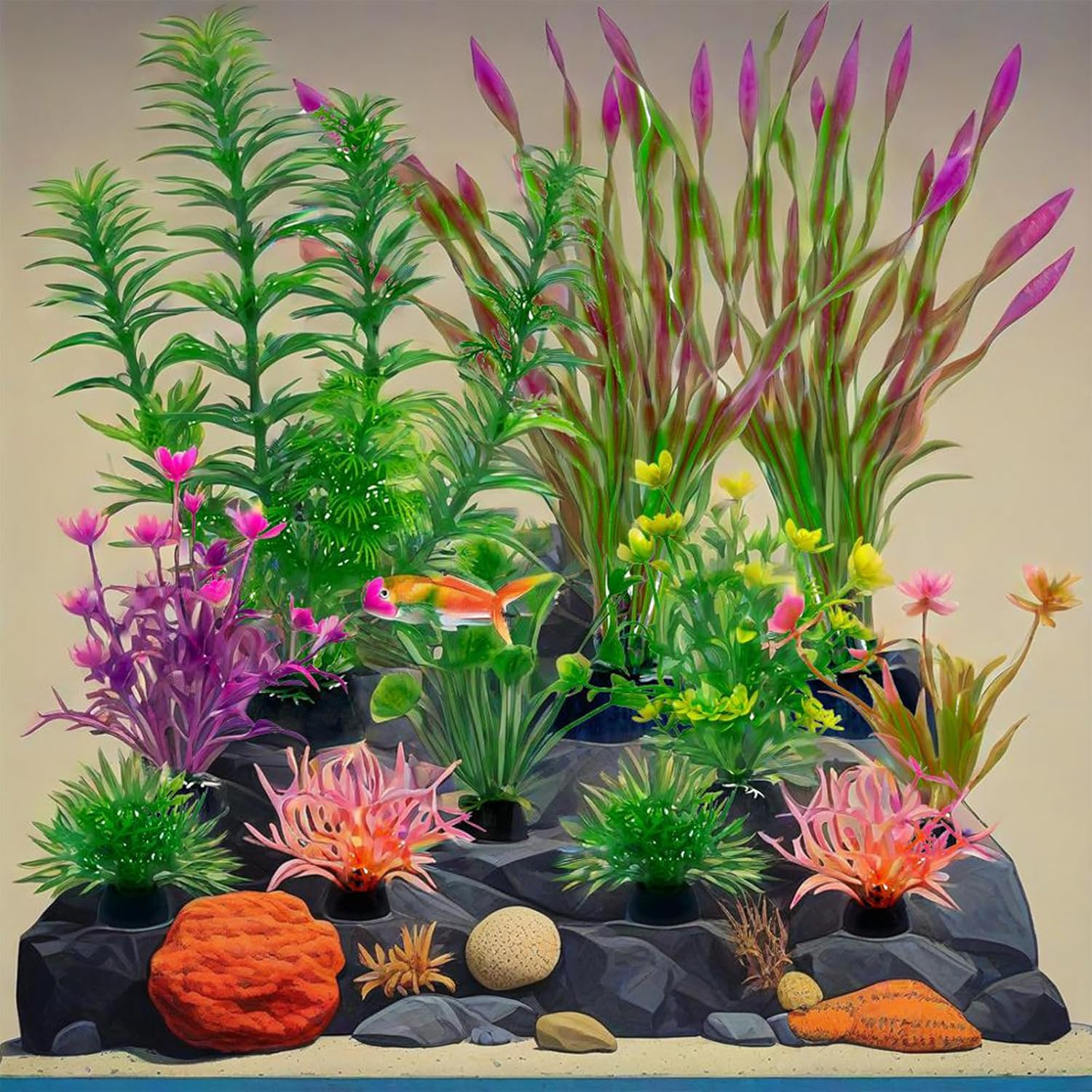 ZHIGOU Aquarium Decorations 11-Pack Realistic Plastic Fish Tank Plants and Rocks Decoration Set for Home and Office Aquarium Simulation Fish Tank Plants image number 2