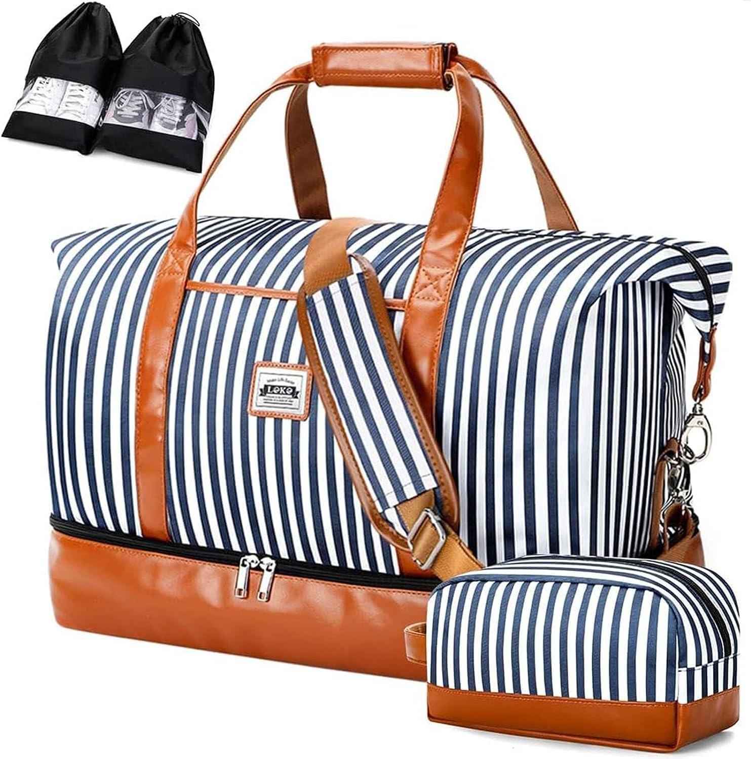 Lekesky Overnight Bag for Women Weekend Bag with Shoes Bags Toiletry Bag Shoes Compartment Weekender Bag Trave Duffle Bag, A-Blue Striped, 50L, Travel Bag image number 3
