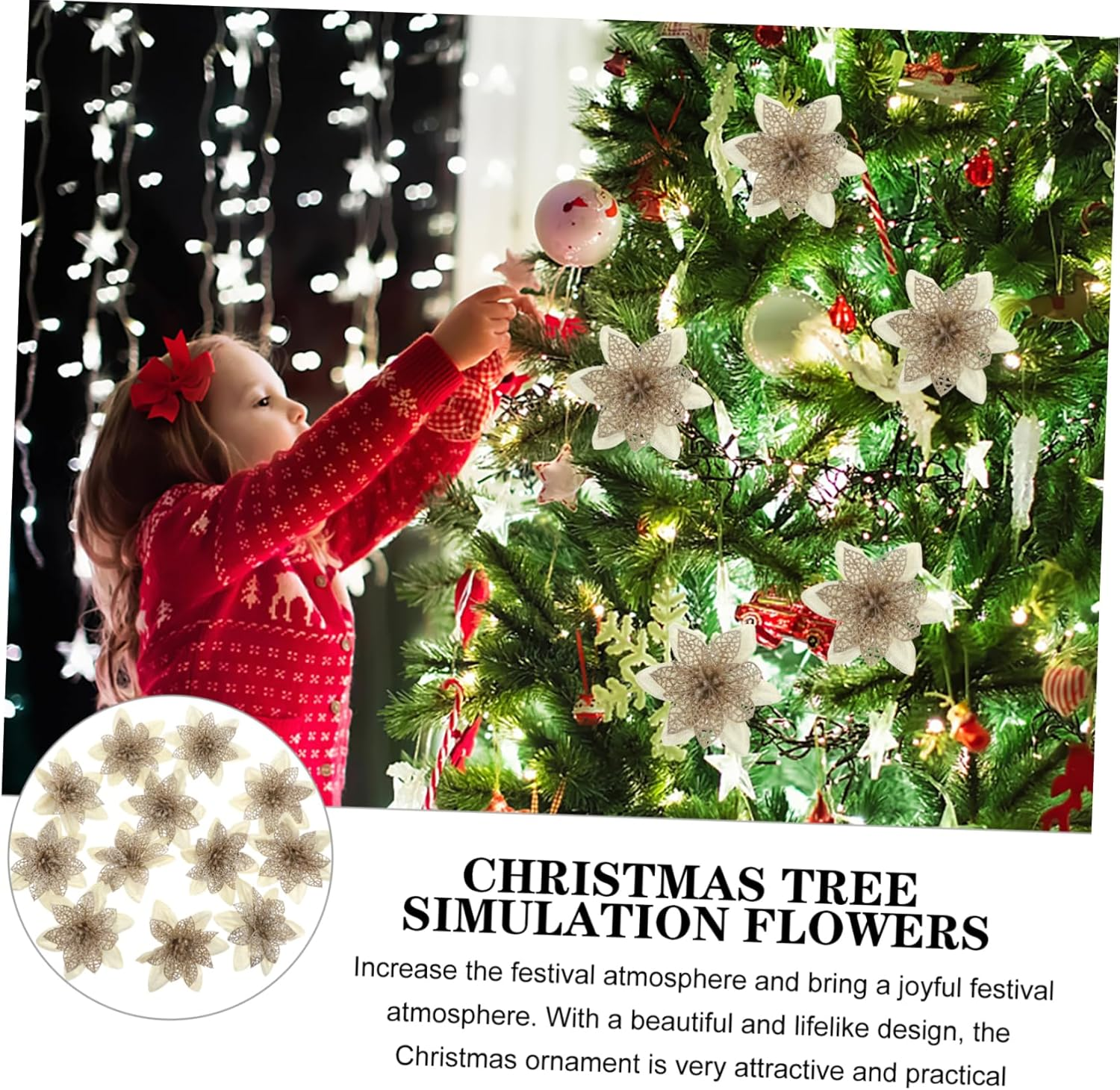 12Pcs Artificial Poinsettia Flowers Glitter Decorations for Christmas Tree Wreath Garland Realistic Holiday Ornaments for Home Party and Festive Decor image number 3