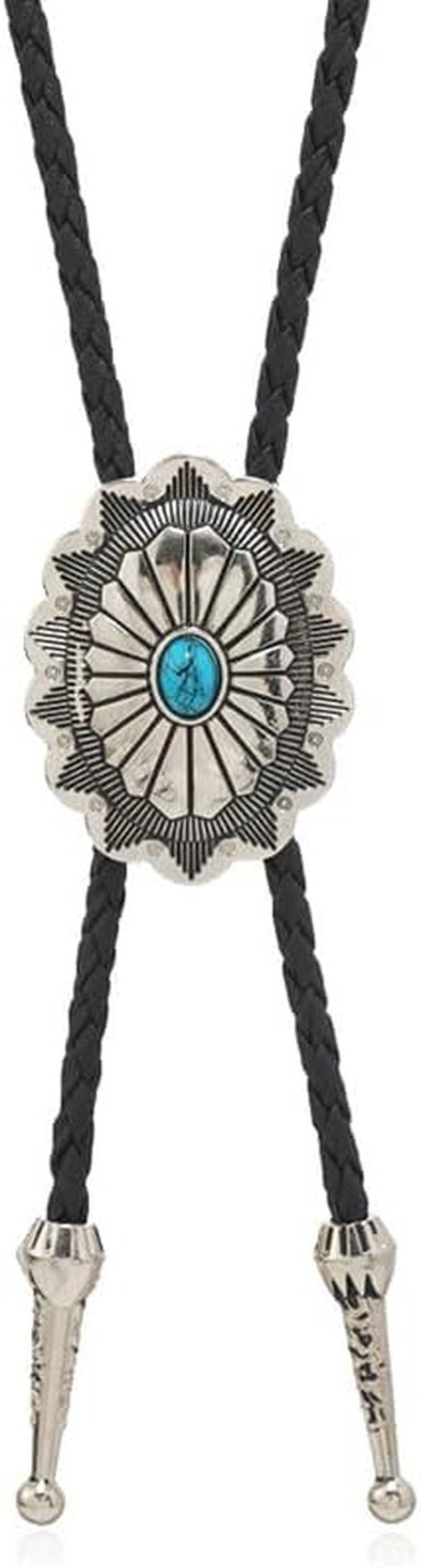 Vintage Turquoise Bolo Tie for Men - Western Cowboy Colored Oval Bola Necktie Retro Leather Necklace for Men Women