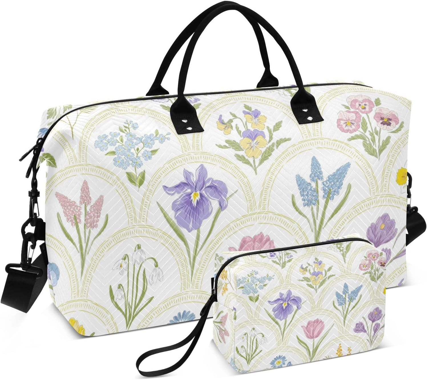 Travel Bag Overnight Carry on Tote and Luggage Spring Garden Flowers Rainbow Tote Bag with Adjustable Strap For, Spring Garden Variety Flowers Rainbow Medallion, Set of 2, Art Deco image number 4