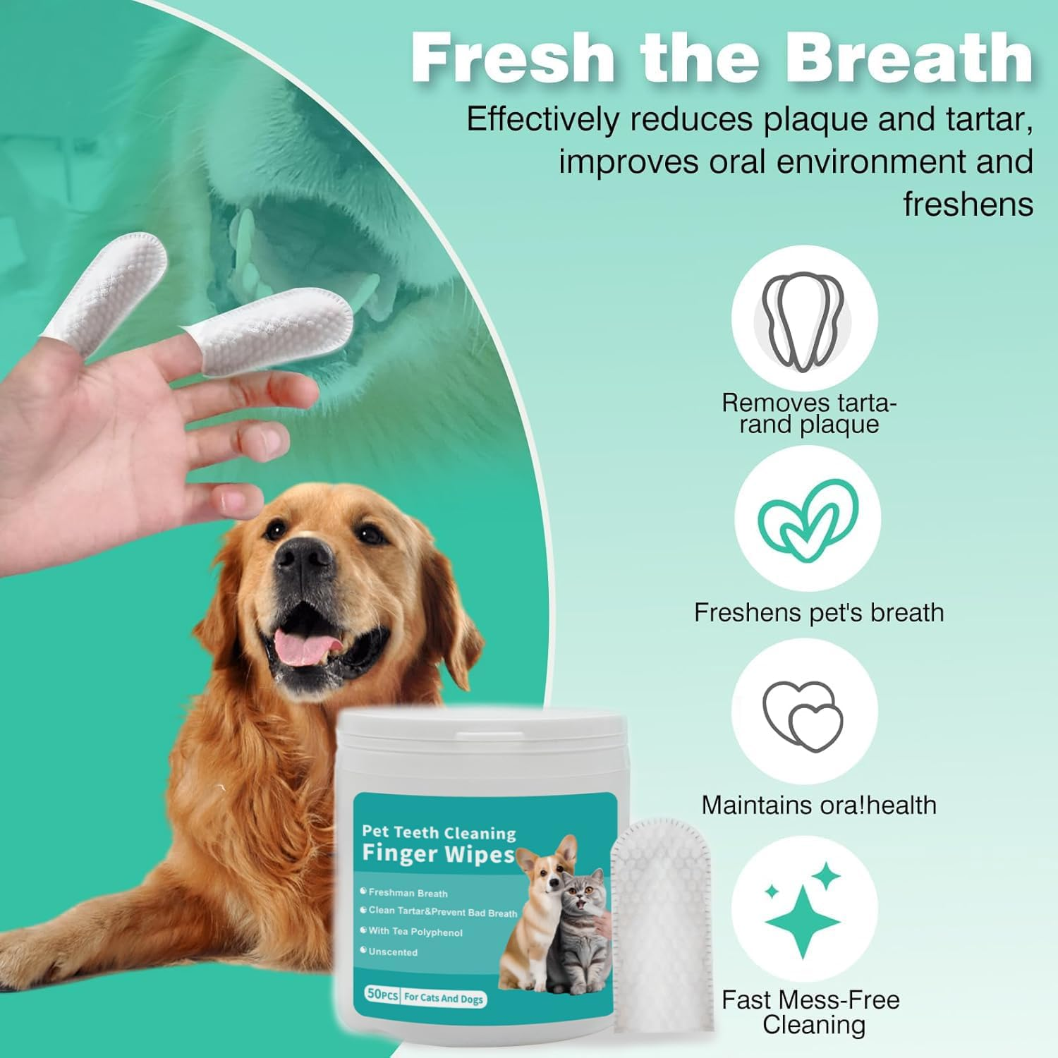 50 Pieces Pet Teeth Cleaning Finger Wipes for Cats and Dogs, Unscented, Fresh Breath image number 4