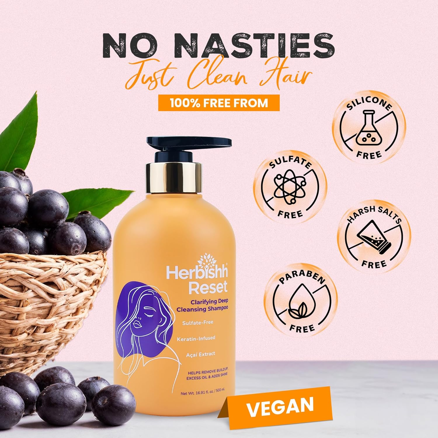 Herbishh Clarifying Deep Cleansing Shampoo (16.91 Fl Oz) Shampoo for Oily Hair & Build Up, Oil Control Cleanser for Women, Color Safe Formula for Curly & Color Treated Hair