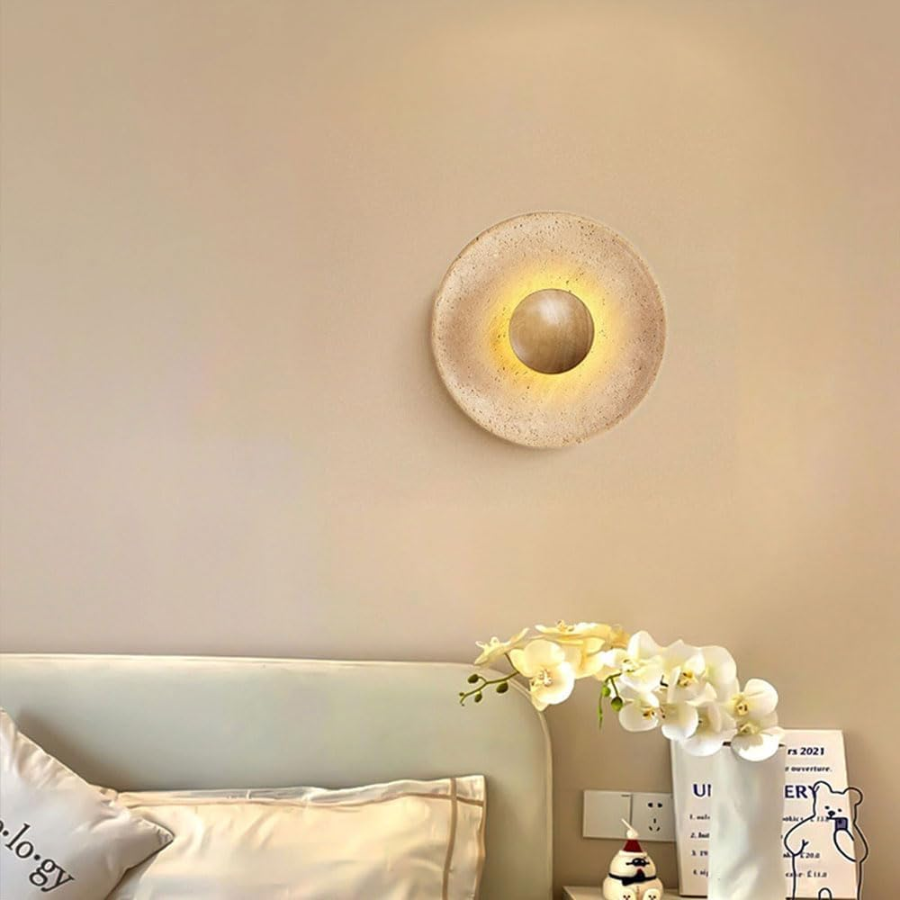Yellow Travertine Wall Lamp Wabi Sabi Wall Sconce Lighting Fixture round Wood Wall Light, Natural Stone Wall Sconces Hardwired Wall Lights for Bedroom Living Room Stairs XXZ