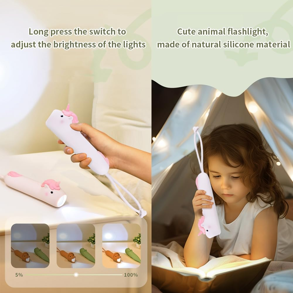 YZYOE Unicorn Rechargeable LED Flashlight, Cute Silicone Animal Shaped Flashlight, Comfortable Touch Press to Adjust Brightness Outdoor Lighting Creative Light.