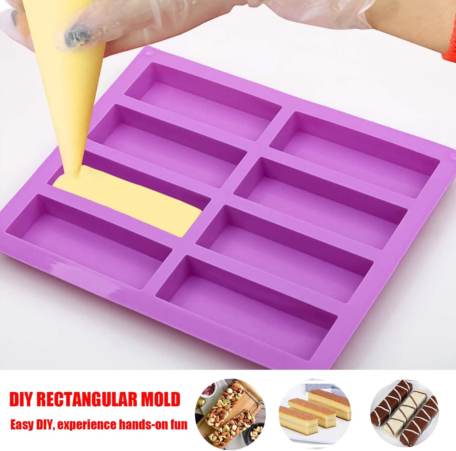 Xinghonyac 2 Pcs Large Rectangle Silicone Mould, 8-Cavity DIY Granola Bars Mold, Chocolate Mould, Cereal Bar Molds for Chocolate Truffle Bread Brownie Cornbread Cheesecake Butter Soap (Purple) image number 4
