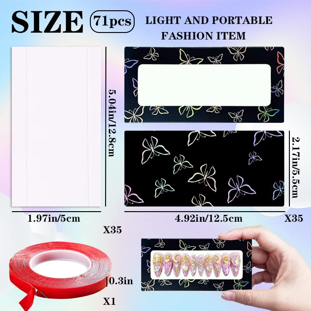 HLQHXWHZT 71 Pcs Empty Press on Nails Packaging Box 35 Pcs White Background Papers and 1 Double Sided Tape, Empty Nail Package Box Set for Press on Nail Business (Black)&hellip; image number 1