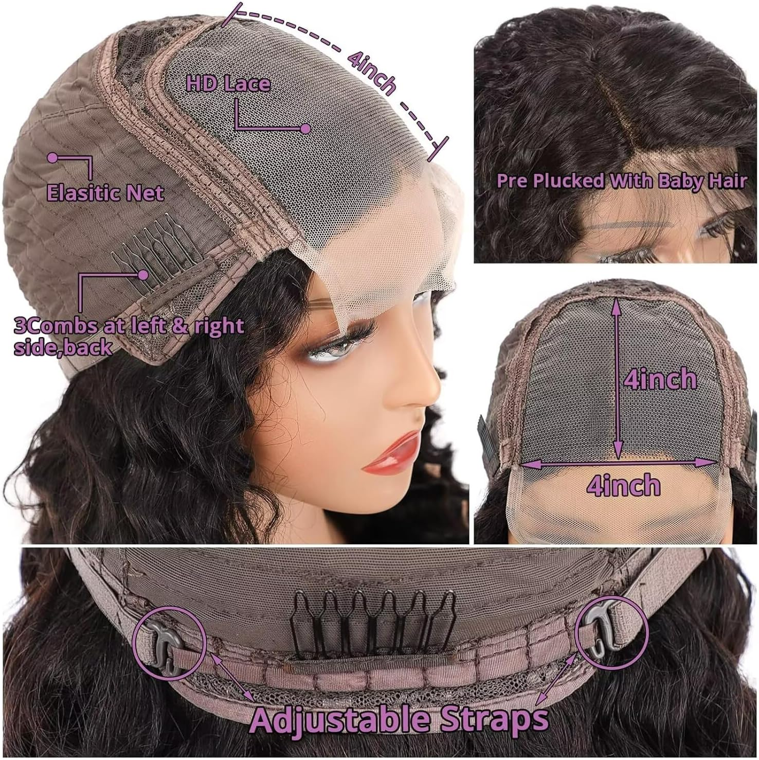 Real Hair Wig 4X4 HD Water Wave Lace Front Wig Human Hair Brazilian Real Hair Wig Black Women Virgin Human Hair Wigs for Black Women 180% Density 16 Inches image number 4