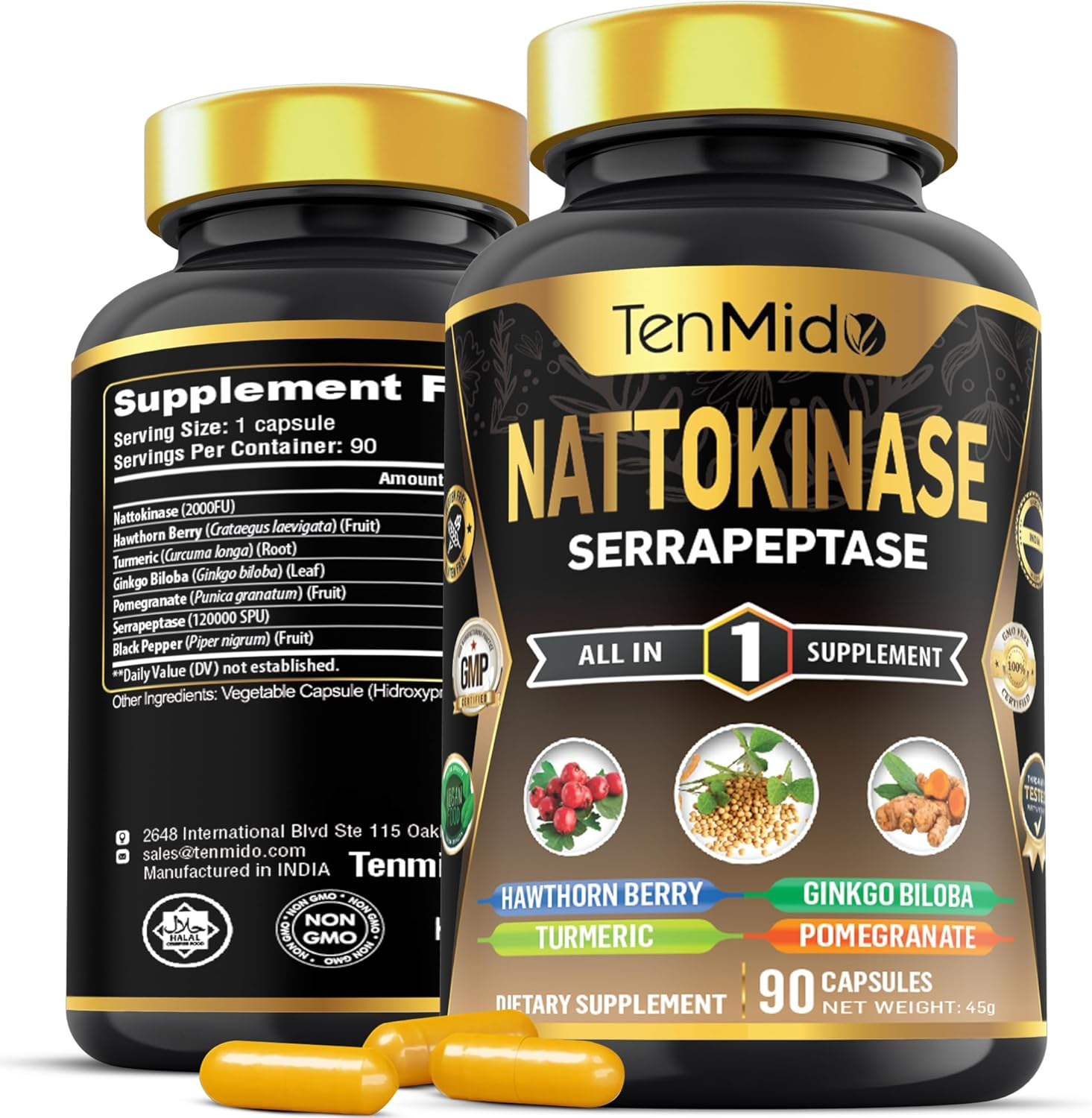 Tenmido Nattokinase Supplements - 7In1 with Hawthorn Berry, Turmeric, Ginkgo Biloba, Pomegranate, Serrapeptase & Black Pepper - 90 Vegan & Non-Gmo Capsules image number 3