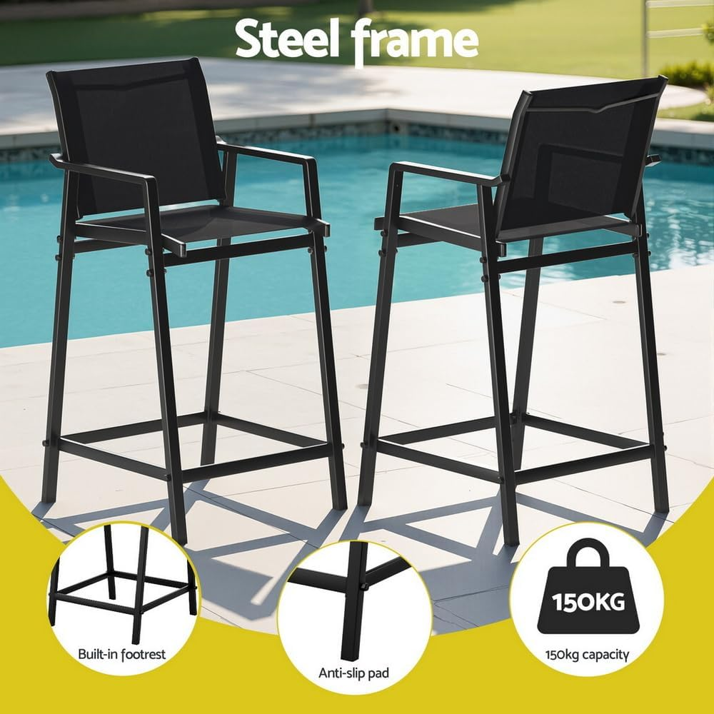 Gardeon Outdoor Bar Stools Set of 2, Dining Chairs with Armrest and Footrest, Patio Furniture for Garden, Bistro, Lawn, Poolside, Backyard, Kitchen, Steel Textilene Fabric, Black image number 1