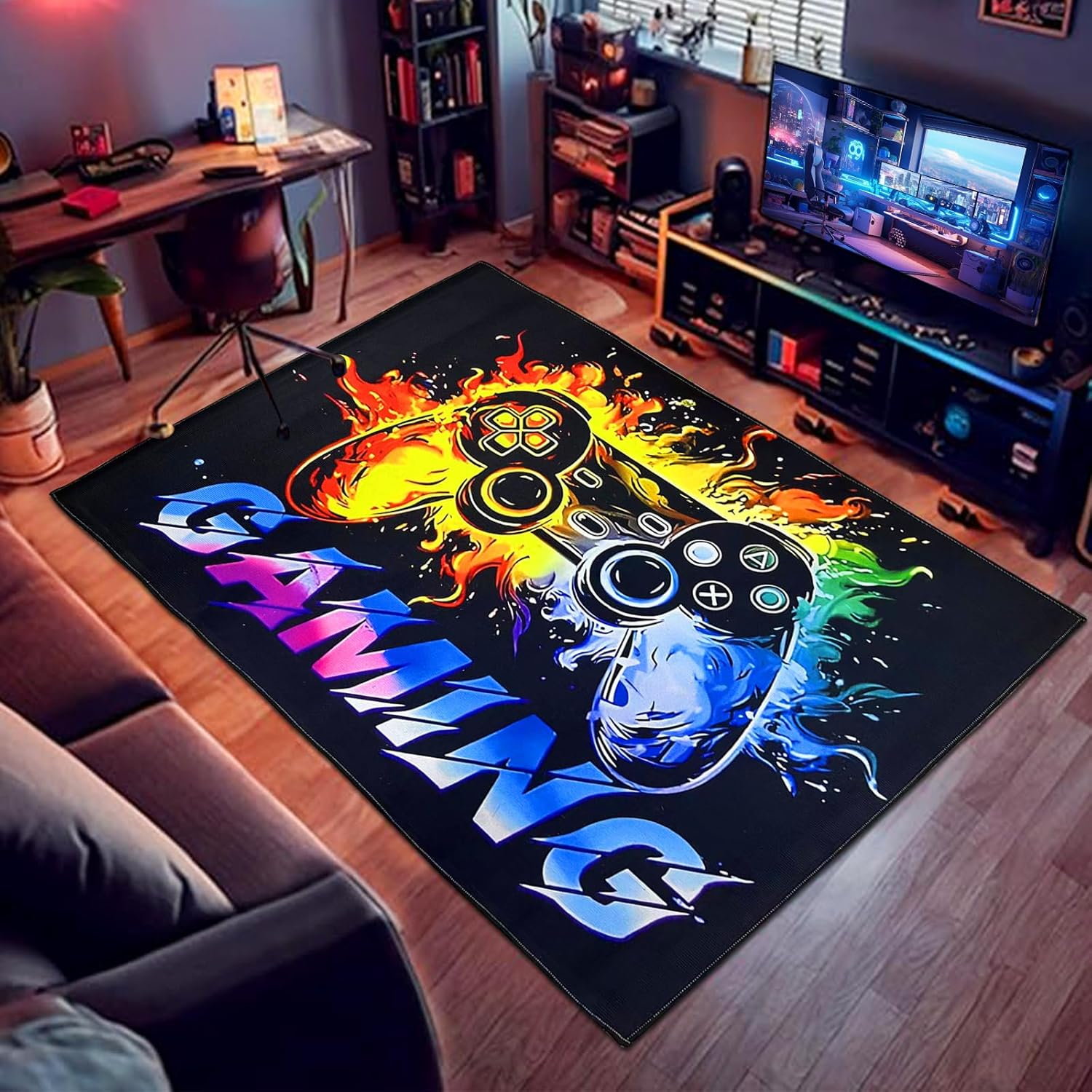 Gaming Rug for Boy Room, Non-Slip Play Carpet for Playroom, 3D Colorful Gamer Play Mat Fun Activity Centerpiece Playmat Area Rugs for Kids World Decor Floor Mat (Color 5, 80 * 120 Cm)