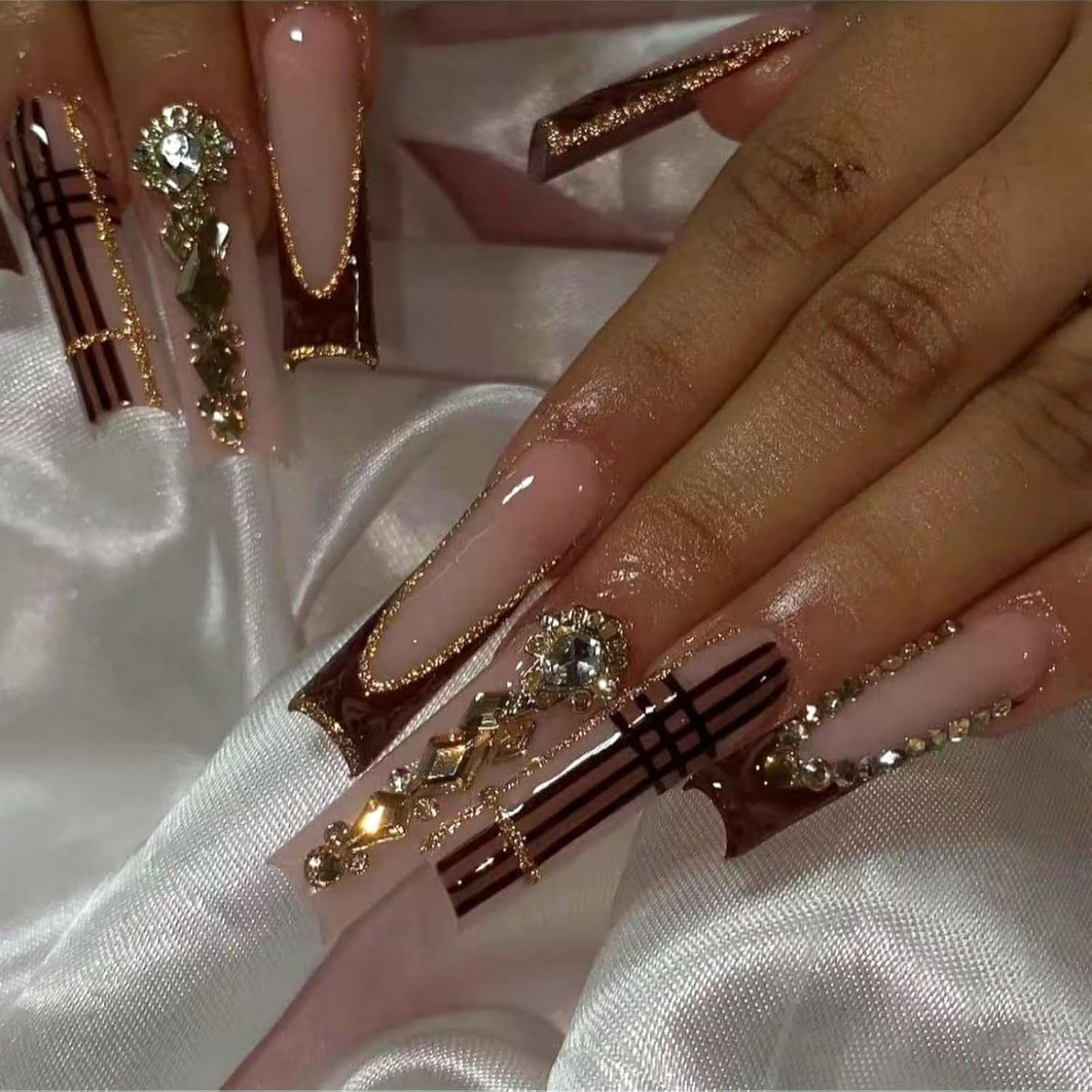 SEENEEY Square Press on Nails Long Brown French Tip Acrylic False Nails with Designs for Women (24PCS) image number 1